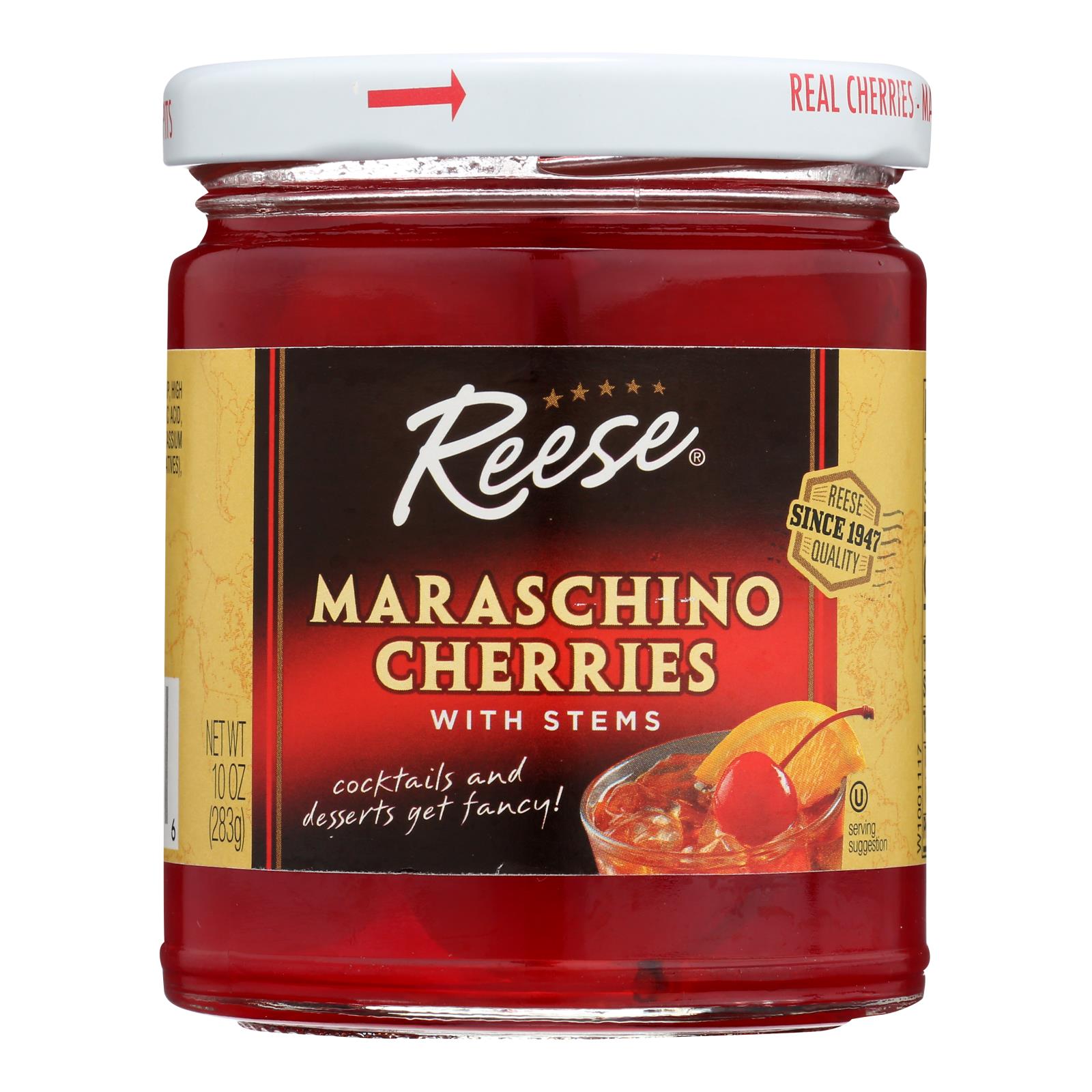 Reese Red Maraschino Cherries - Stems - 10 oz.