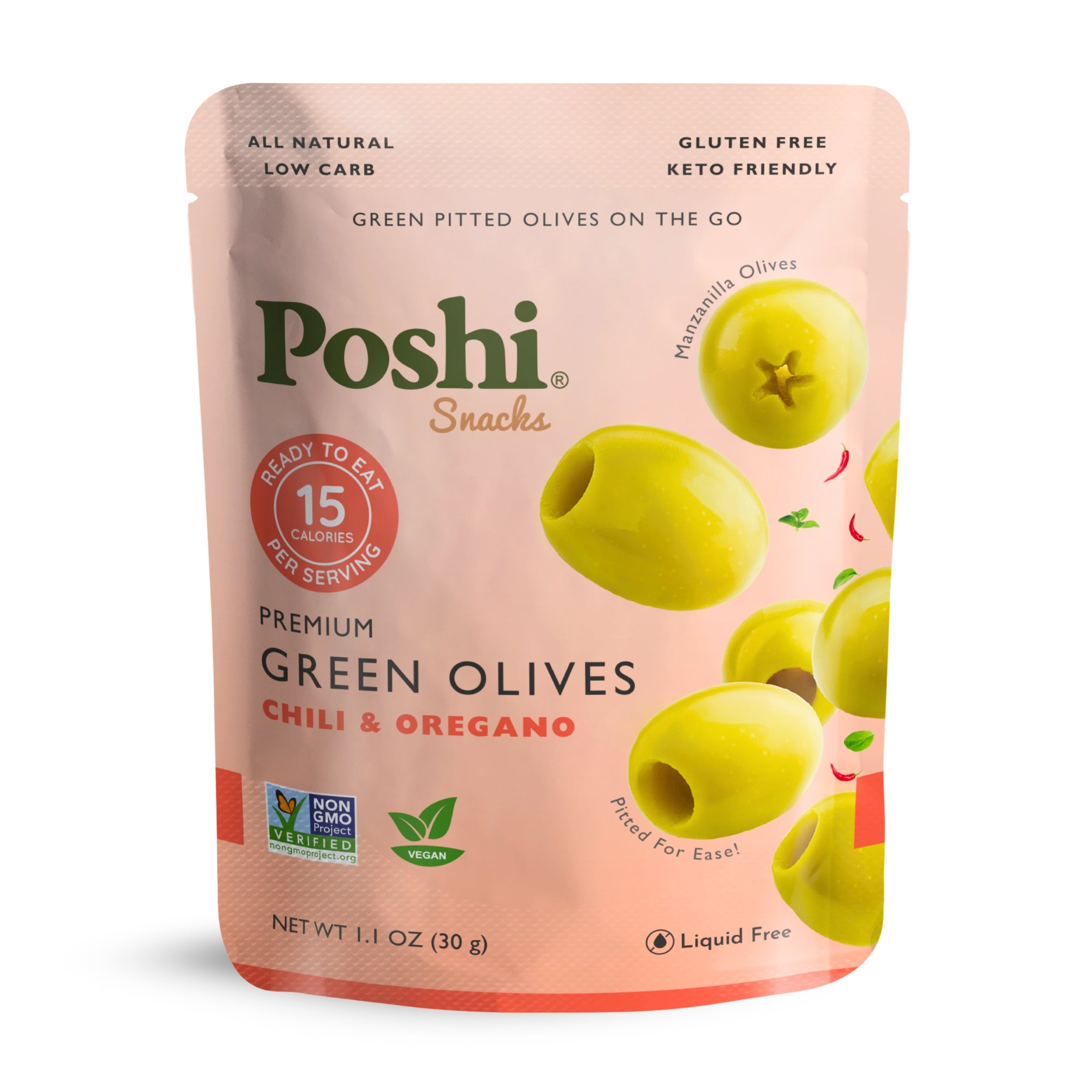 Poshi - Olive Grn Chili & Oregano Pitted - CS of 10-1.1 OZ