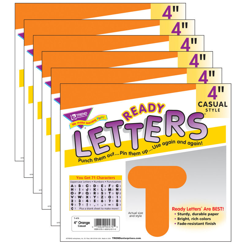 TREND - Orange 4" Casual Uppercase Ready Letters®, 6 Packs