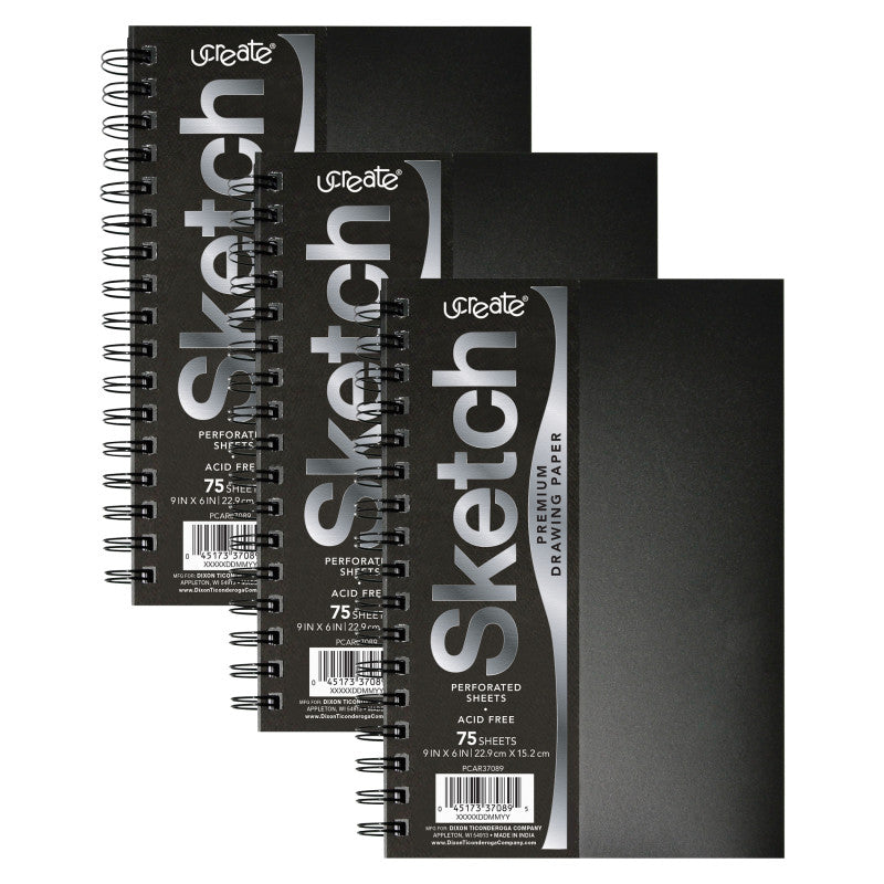 UCREATE - Poly Cover Sketch Book, Heavyweight, 9" x 6", 75 Sheets, Pack of 3