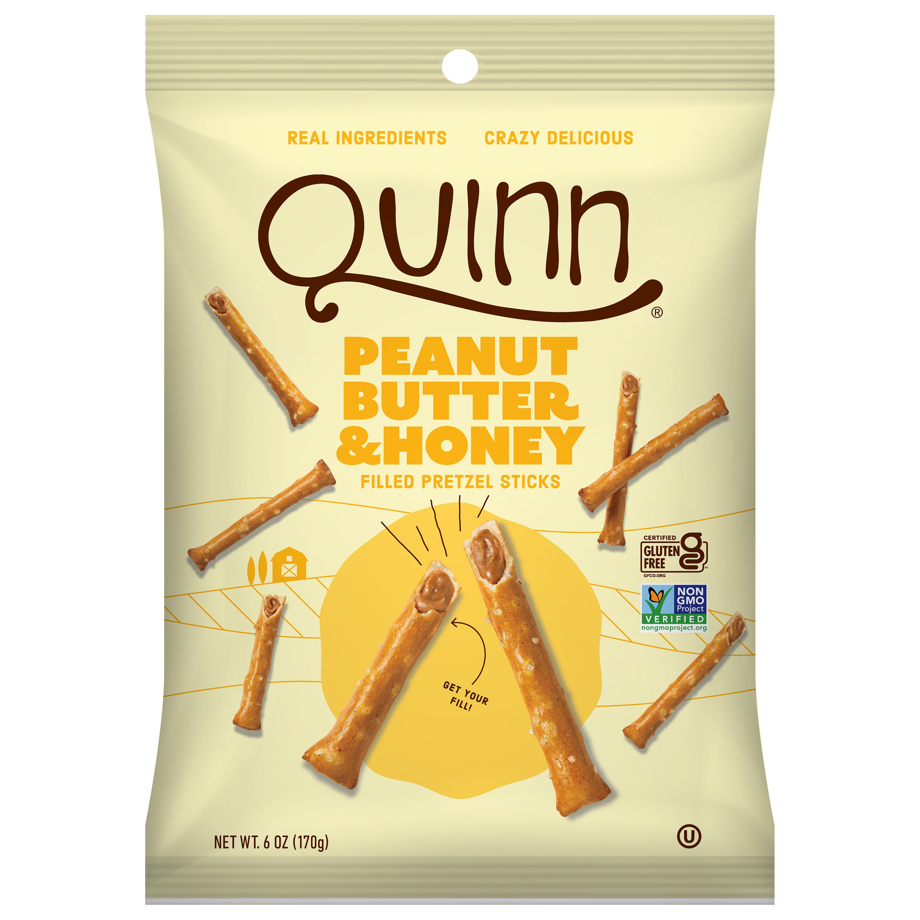 Quinn Peanut Butter & Honey Filled Pretzel Sticks 6 oz - Case of 8