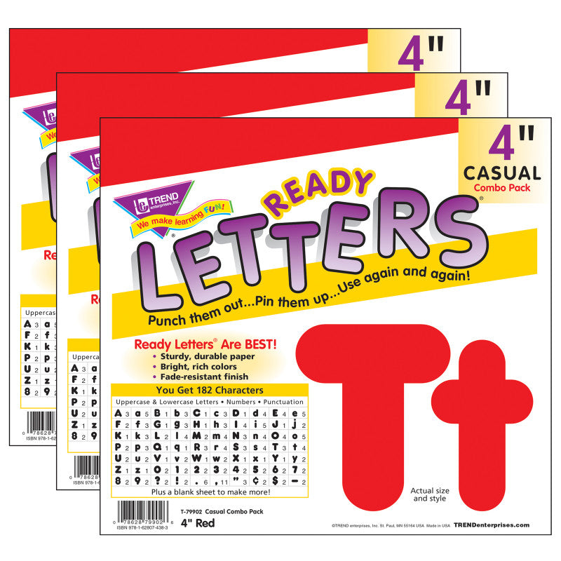 TREND - Red 4-Inch Casual Uppercase/Lowercase Combo Pack Ready Letters®, 182 Per Pack, 3 Packs