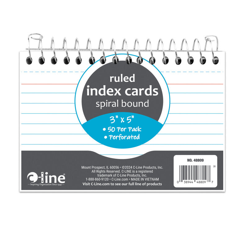 Spiral Bound Index Card Notebook, 3" x 5", 50 Cards, Ruled