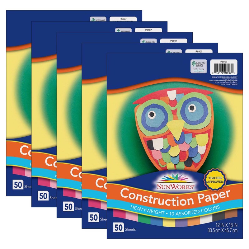 PRANG - Construction Paper, 10 Assorted Colors, 12" x 18", 50 Sheets Per Pack, 5 Packs
