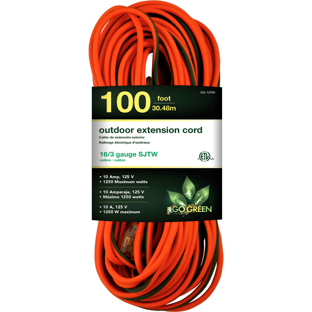 Gogreen Outdoor Extension Cord (ORANGE, 100 FT-16/3 GA)