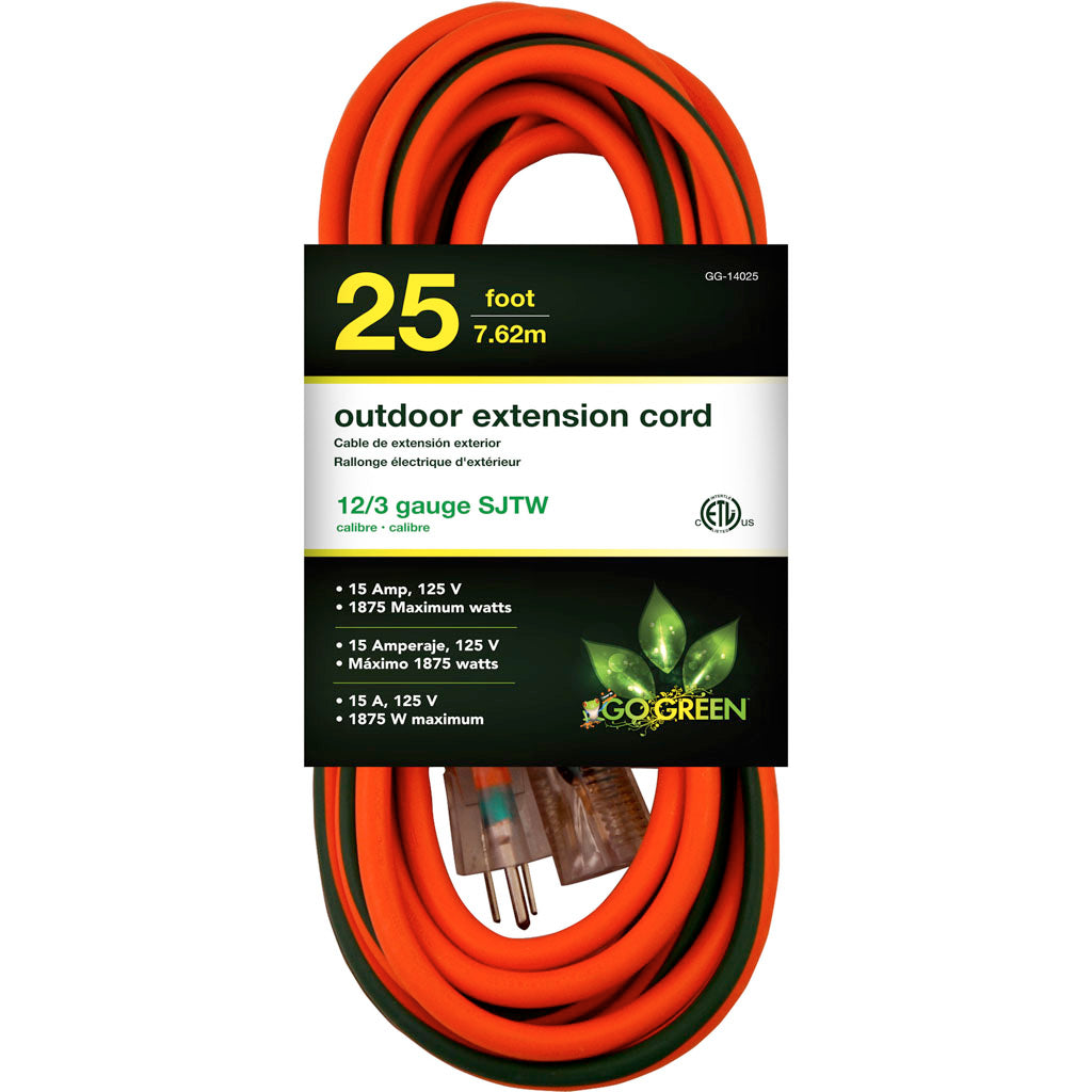 Gogreen Outdoor Extension Cord (ORANGE, 25 FT-12/3 GA)