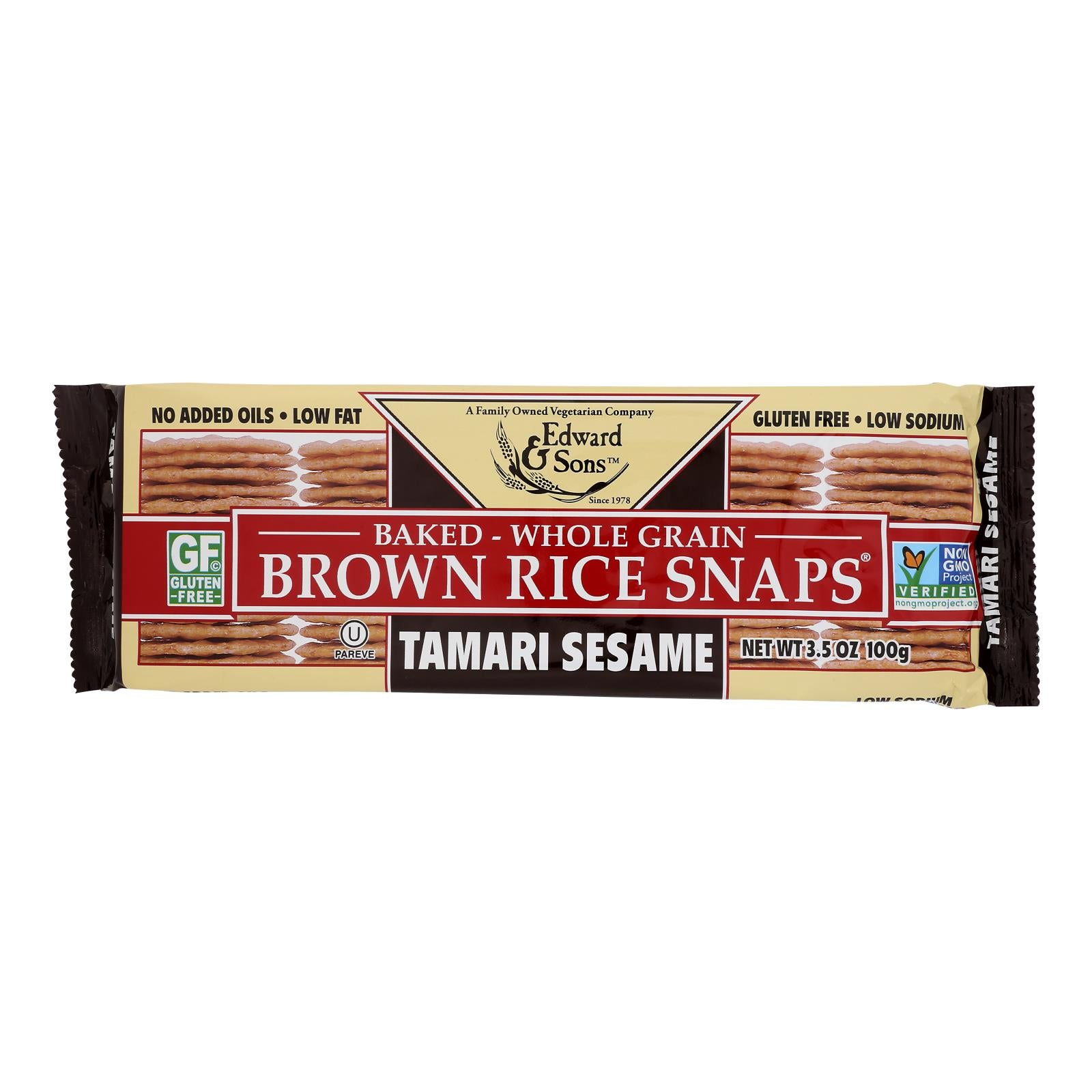 Edward and Sons Brown Rice Snaps - Tamari Sesame - Case of 12 - 3.5 oz.