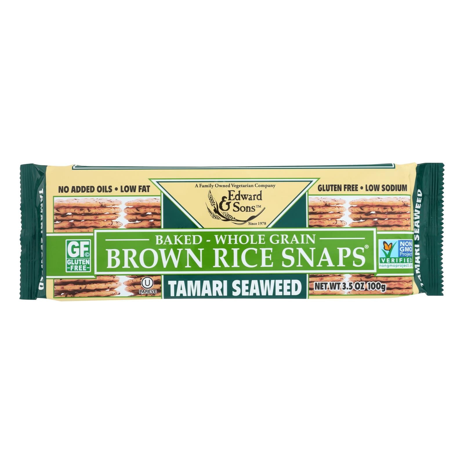 Edward and Sons Brown Rice Snaps - Tamari Seaweed - Case of 12 - 3.5 oz.