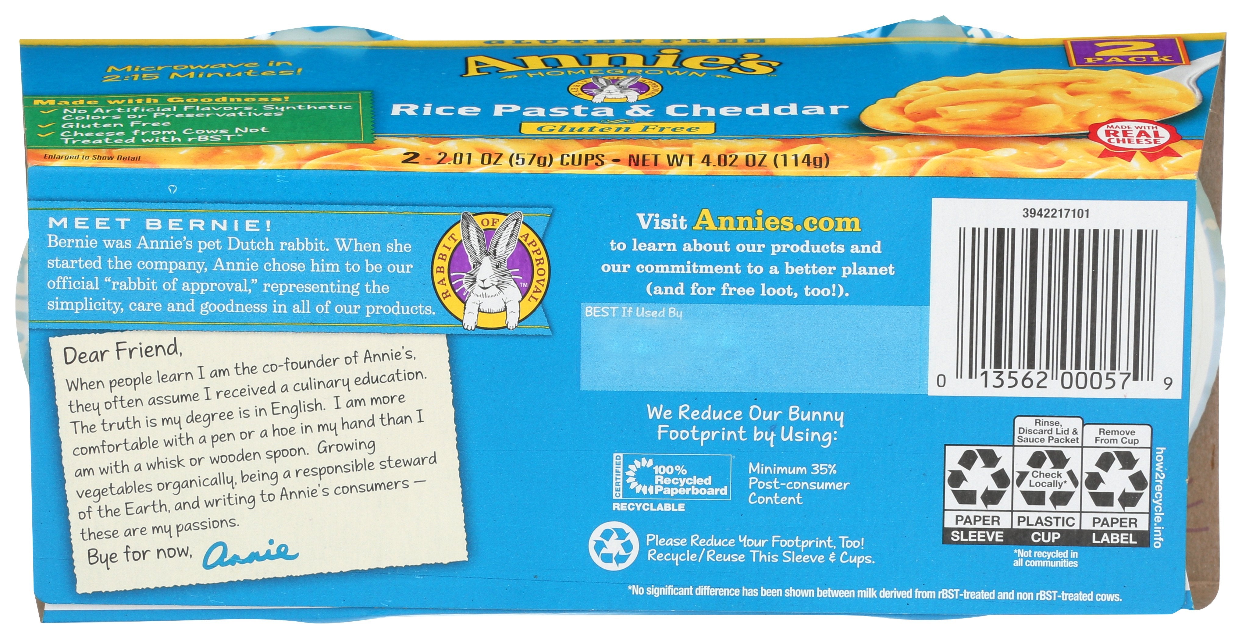 ANNIES HOMEGROWN PASTA CUP RICE & CHDR 2PK - Case of 6