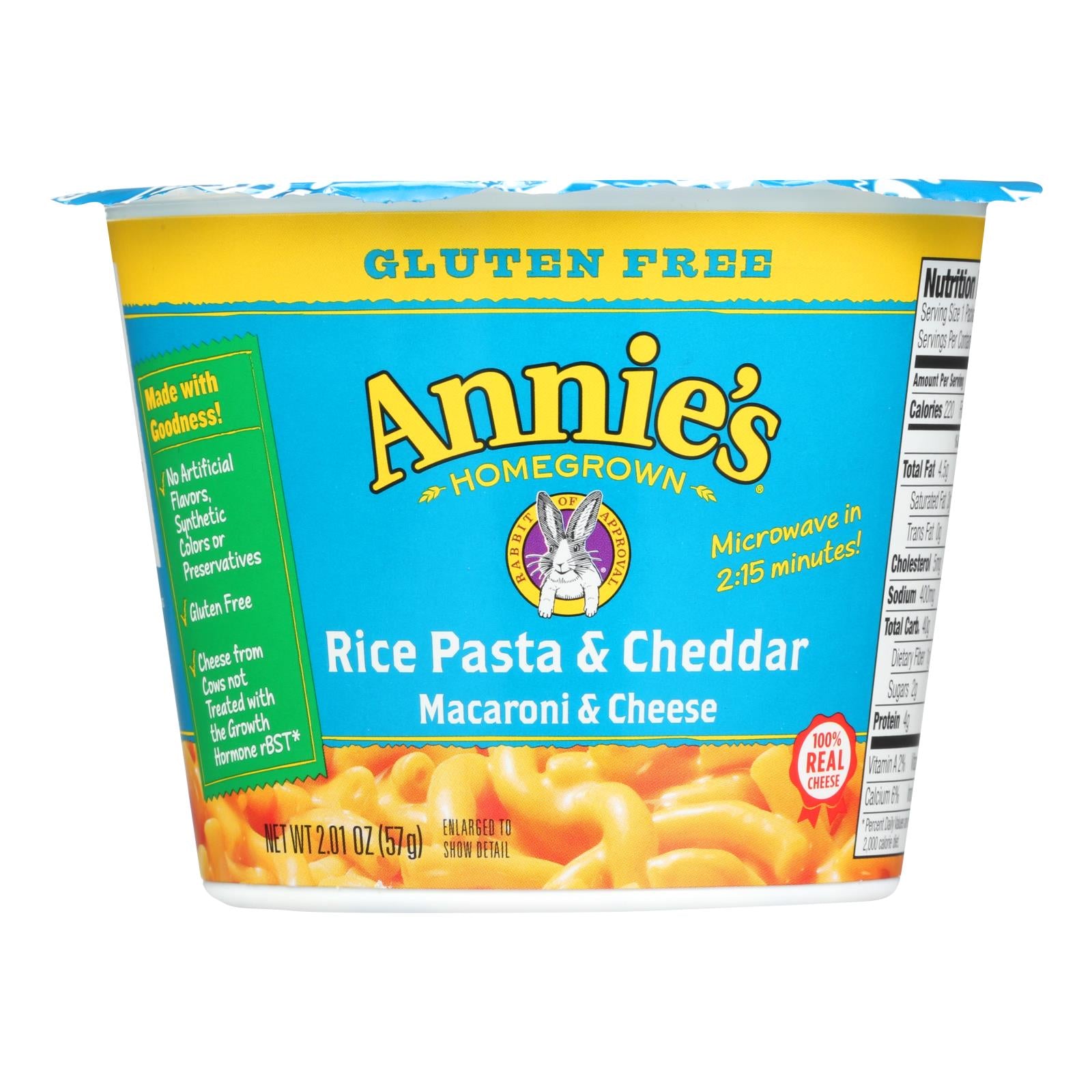 Annie's Homegrown Gluten Free Rice Pasta And Cheddar Microwavable Mac And Cheese Cup - Case Of 12 - 2.01 Oz.