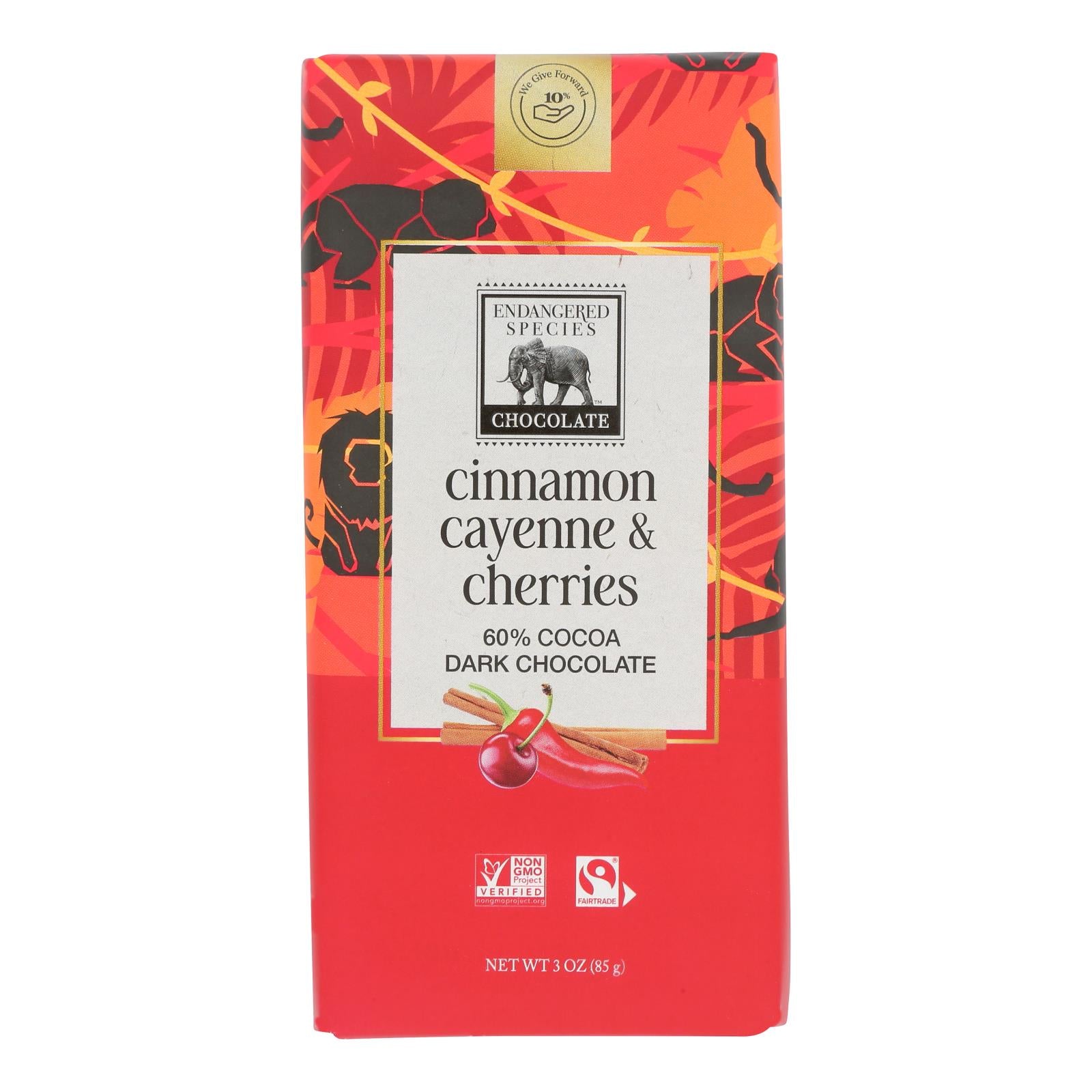 Endangered Species Natural Chocolate Bars - Dark Chocolate - 60 Percent Cocoa - Cinnamon Cayenne and Cherries - 3 oz Bars - Case of 12
