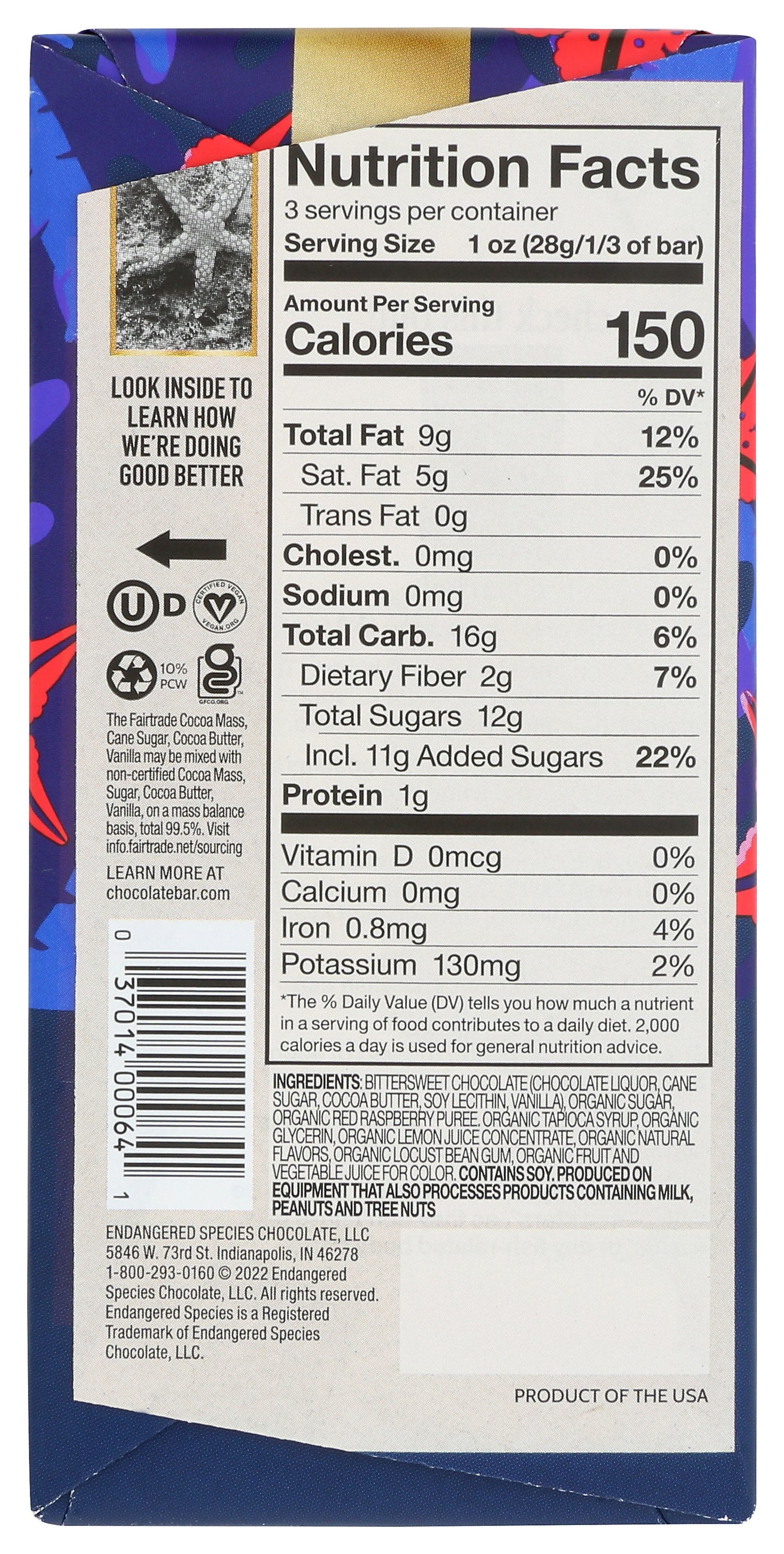 ENDANGERED SPECIES BAR CHOC RASPBERRY - Case of 12