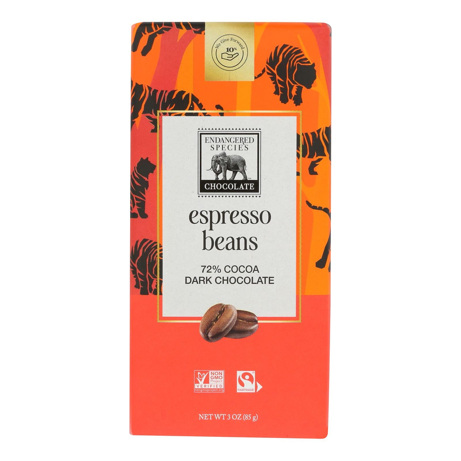 Endangered Species Natural Chocolate Bars - Dark Chocolate - 72 Percent Cocoa - Espresso Beans - 3 oz Bars - Case of 12