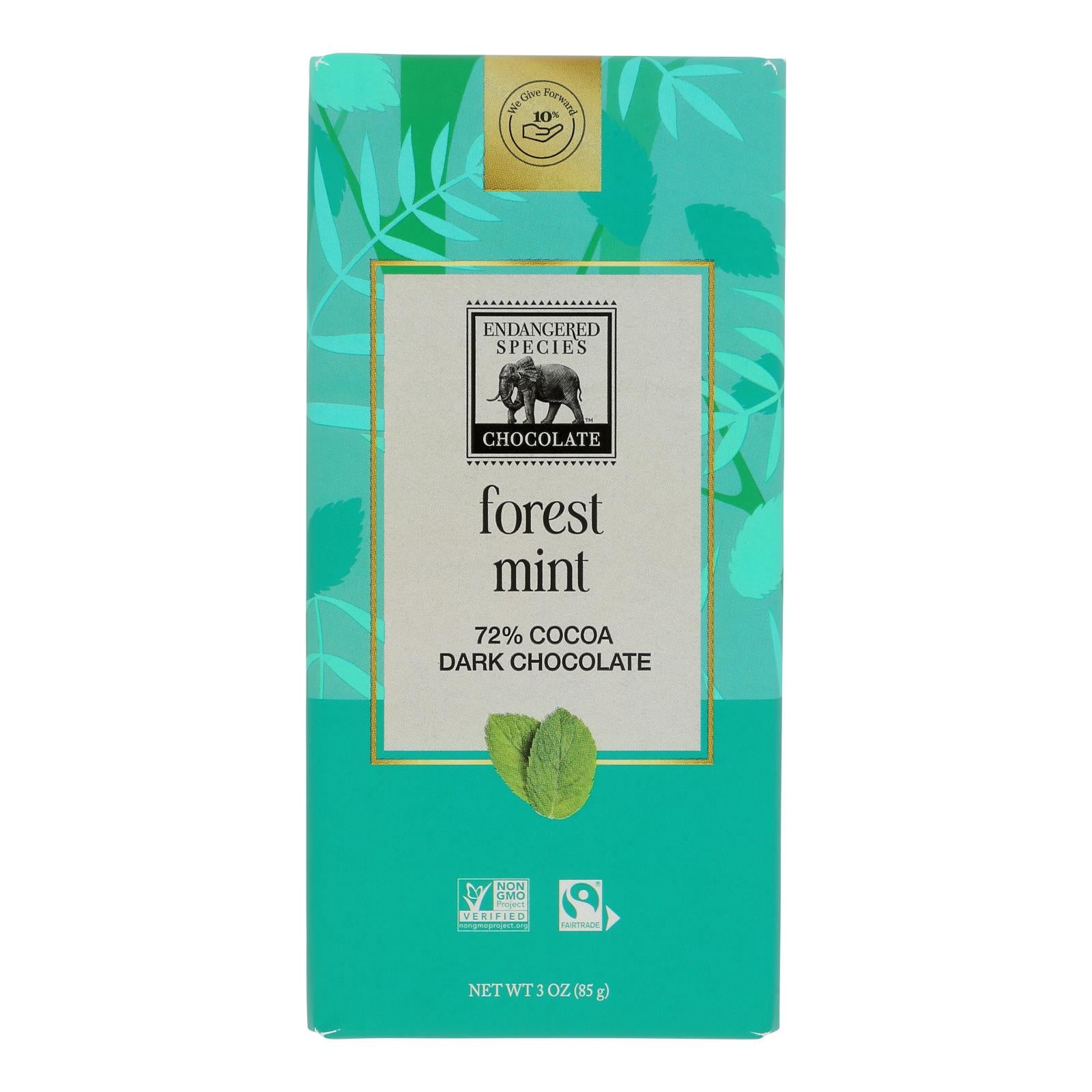 Endangered Species Natural Chocolate Bars - Dark Chocolate - 72 Percent Cocoa - Forest Mint - 3 oz Bars - Case of 12