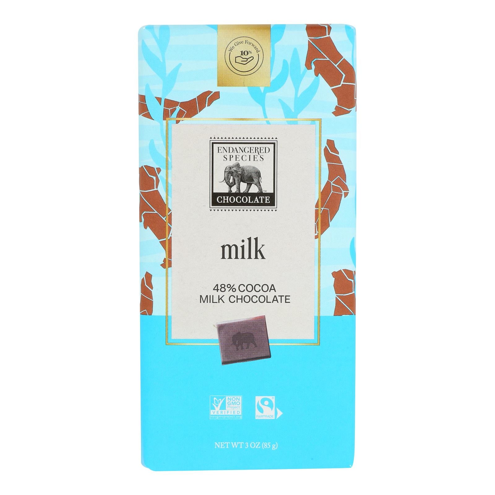 Endangered Species Natural Chocolate Bars - Milk Chocolate - 48 Percent Cocoa - 3 oz Bars - Case of 12
