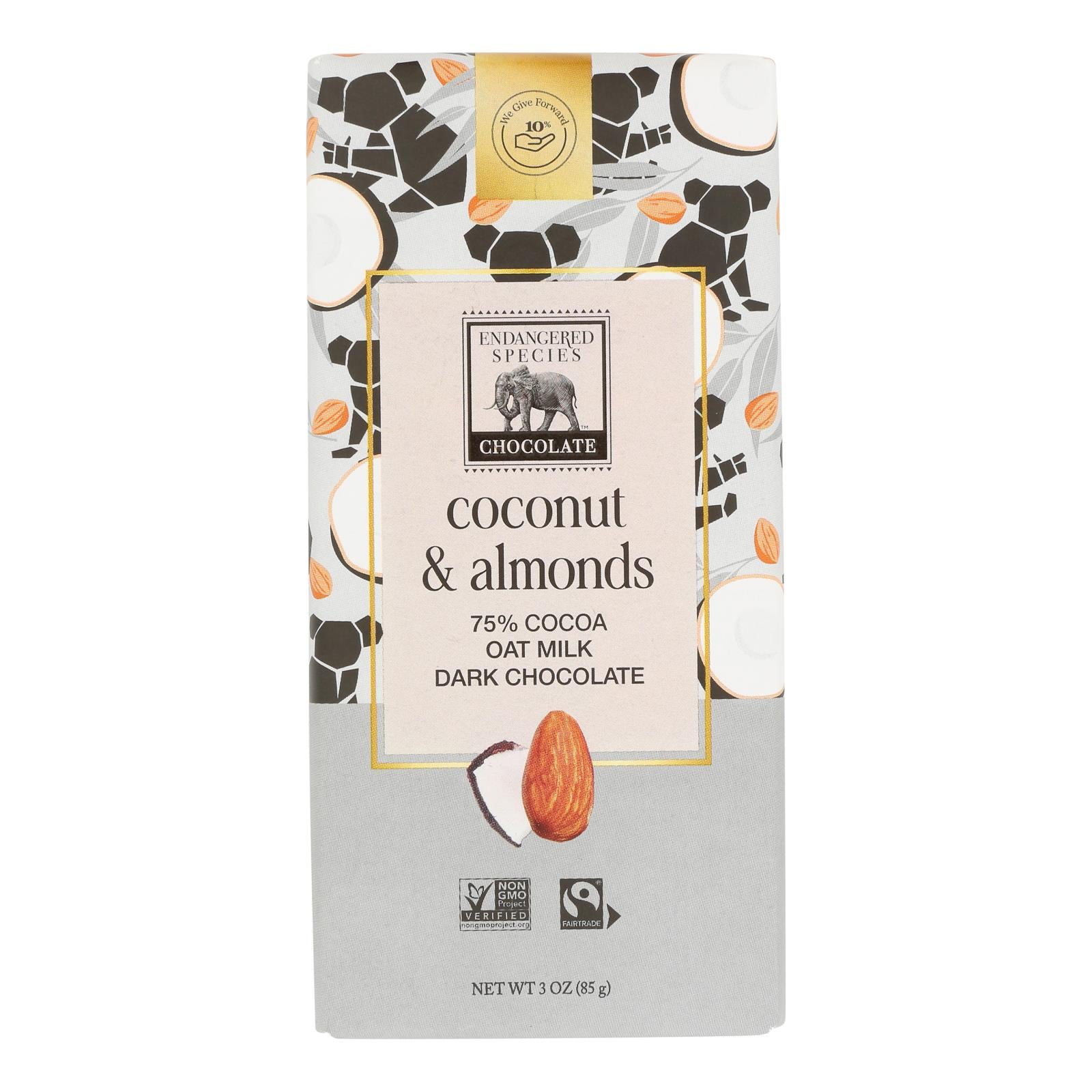 Endangered Species Chocolate - Dark Chocolate Coconut Almond Oat Milk - Case of 12-3 OZ