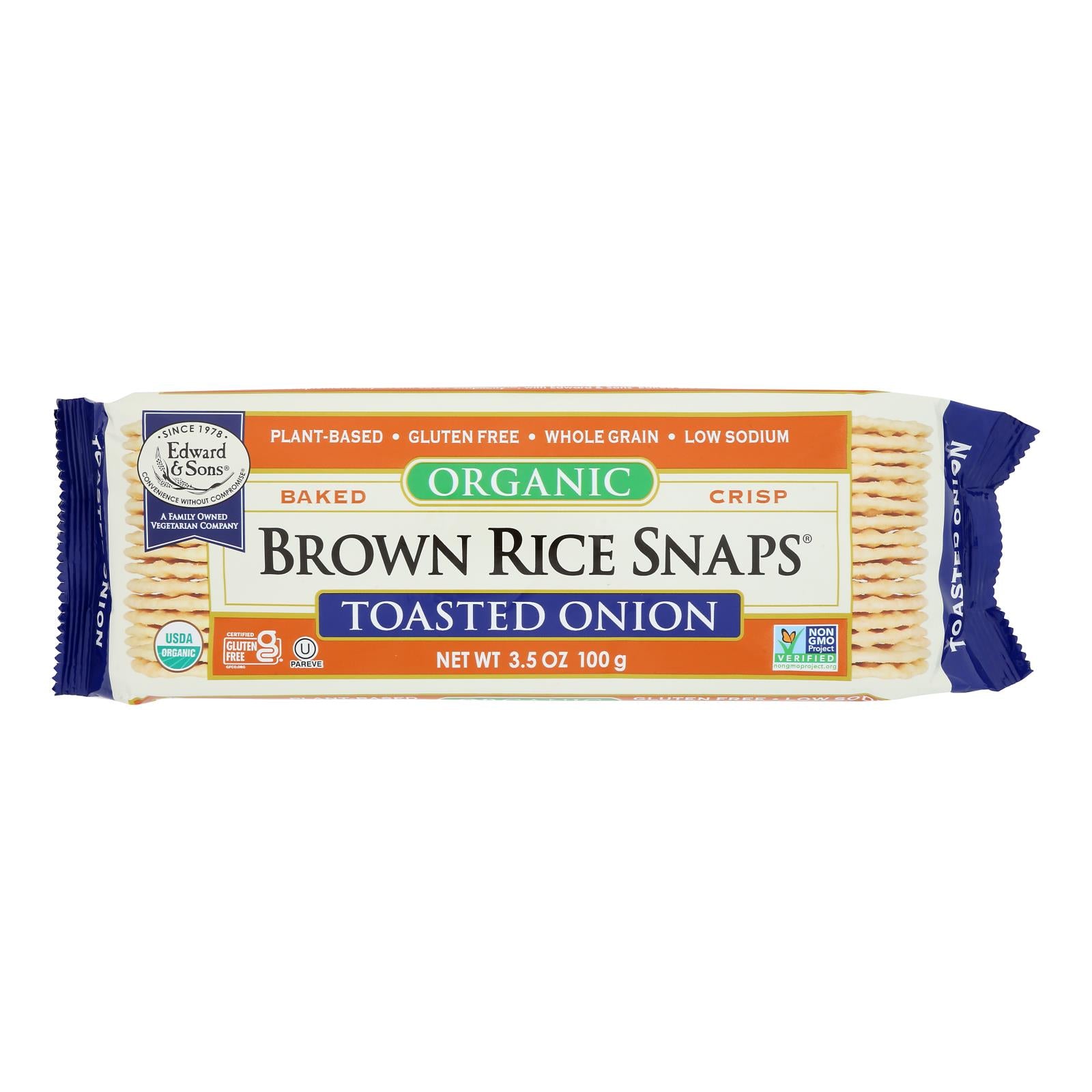 Edward And Sons Brown Rice Snaps - Toasted Onion - Case Of 12 - 3.5 Oz.