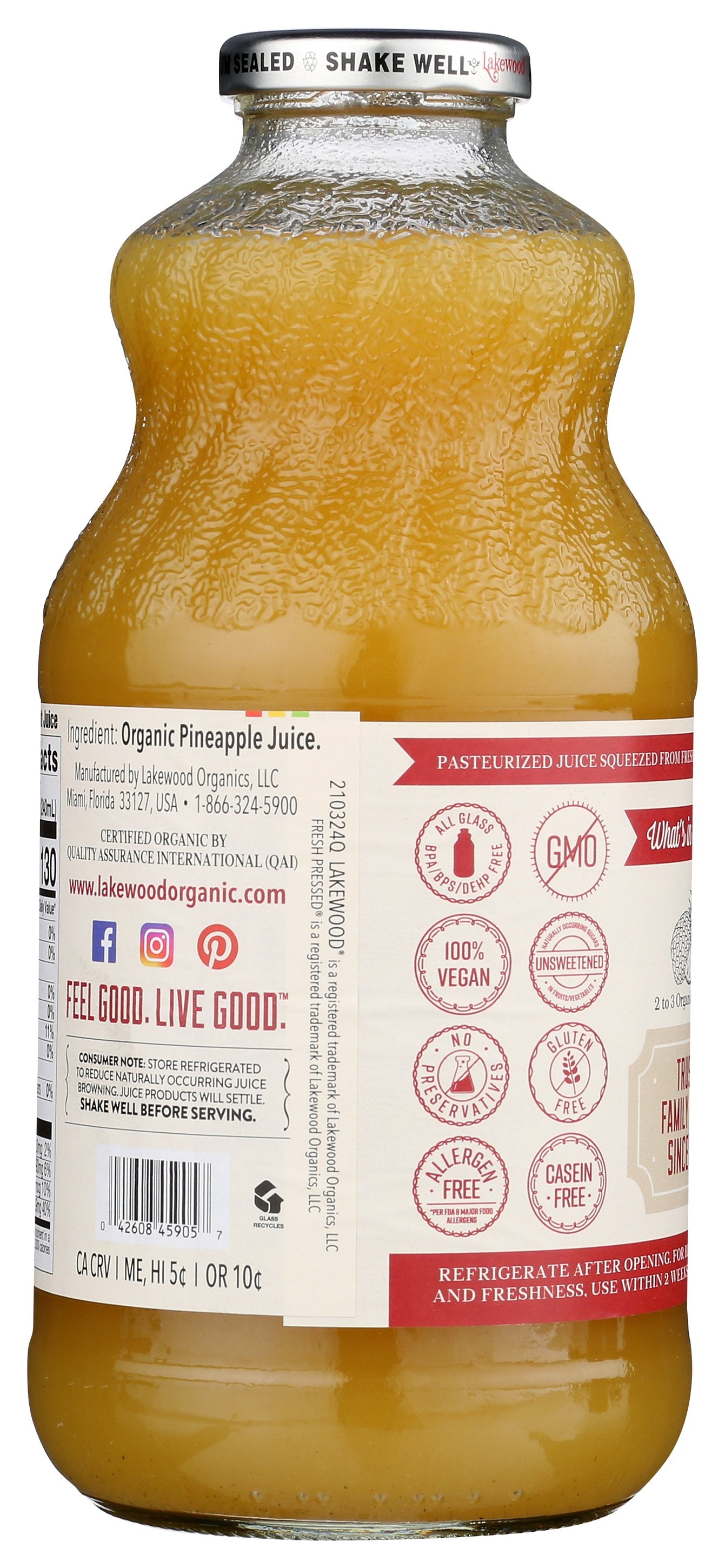 LAKEWOOD JUICE PINEAPPLE PURE ORG - Case of 6