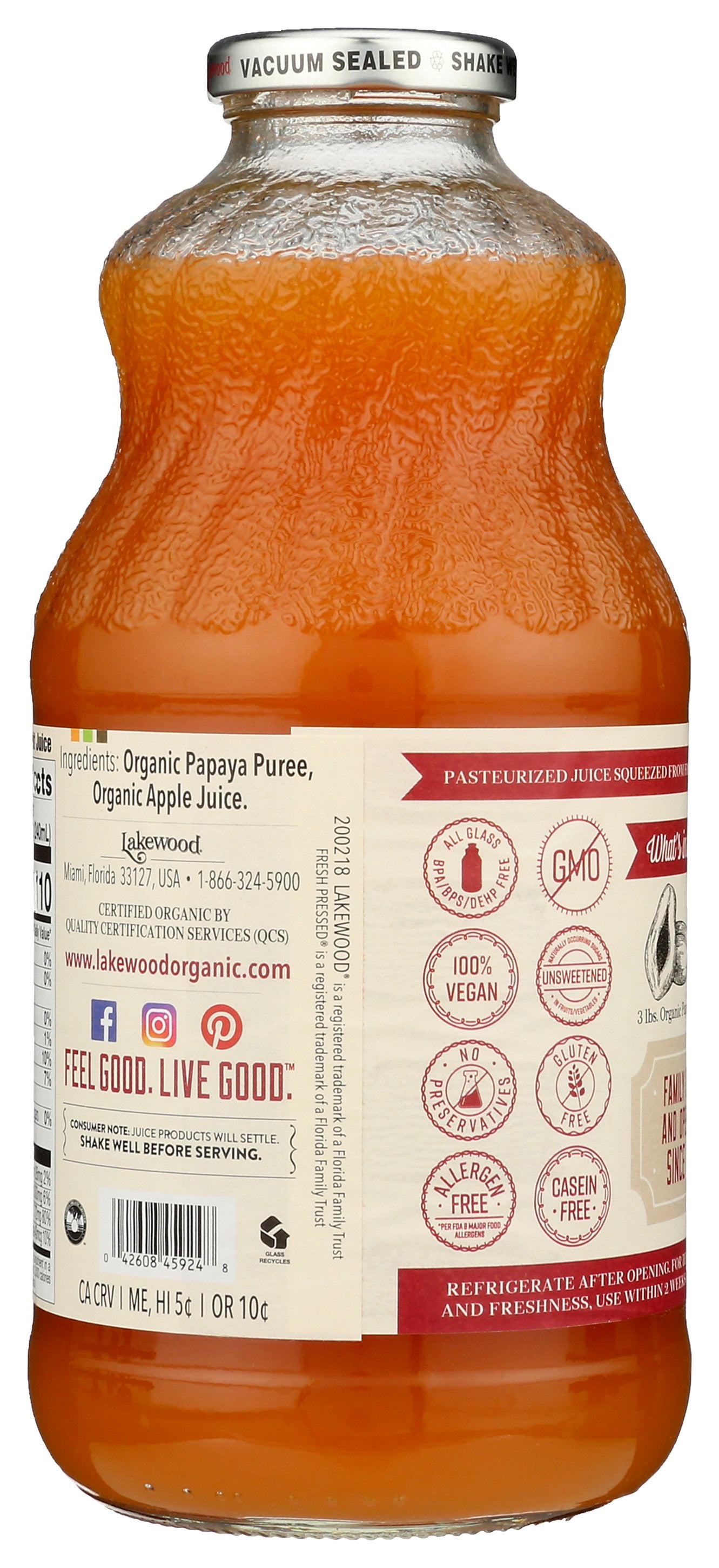 LAKEWOOD JUICE PAPAYA ORG - Case of 6