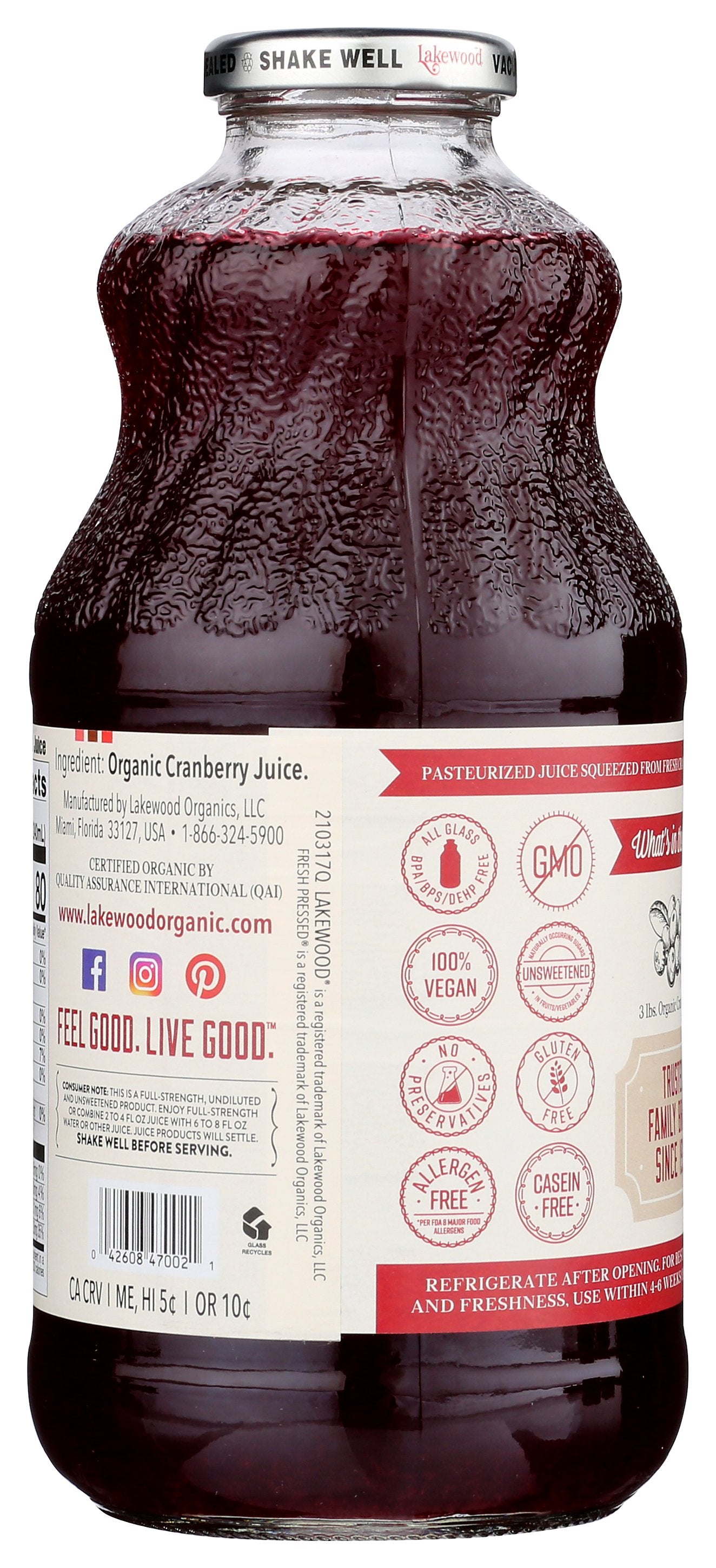 LAKEWOOD JUICE CRANBERRY PURE ORG - Case of 6