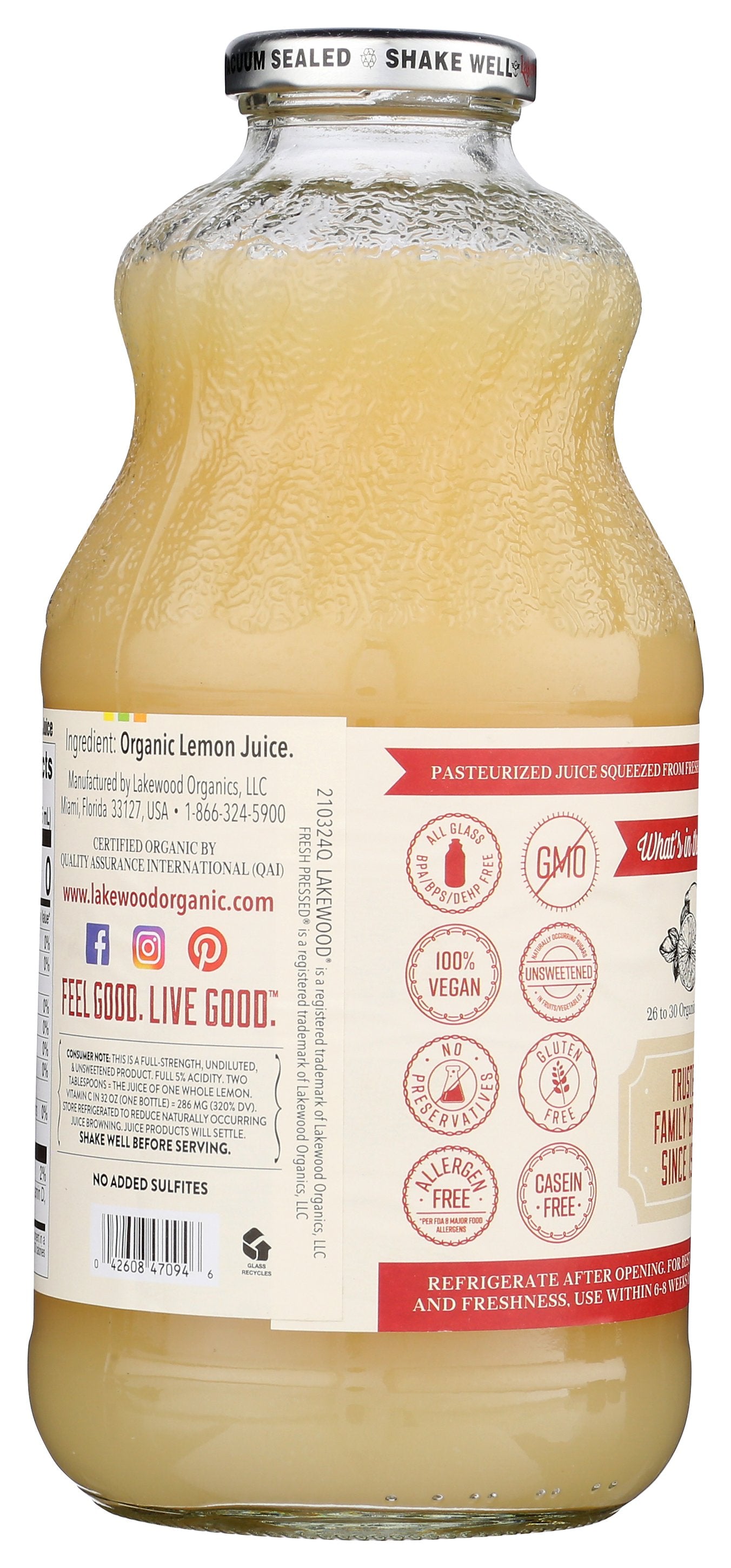 LAKEWOOD JUICE PUR LEMON ORG - Case of 6