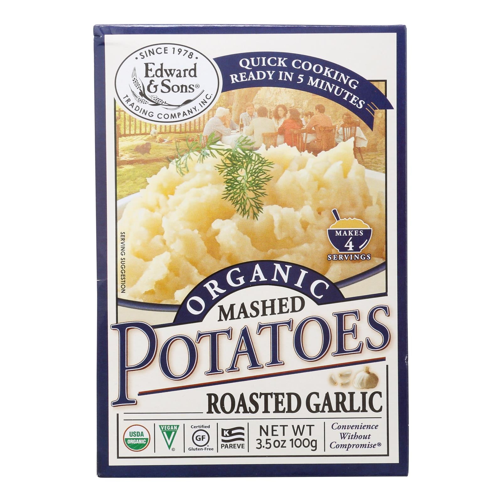 Edward and Sons Organic Mashed Potatoes - Roasted Garlic - Case of 6 - 3.5 oz.