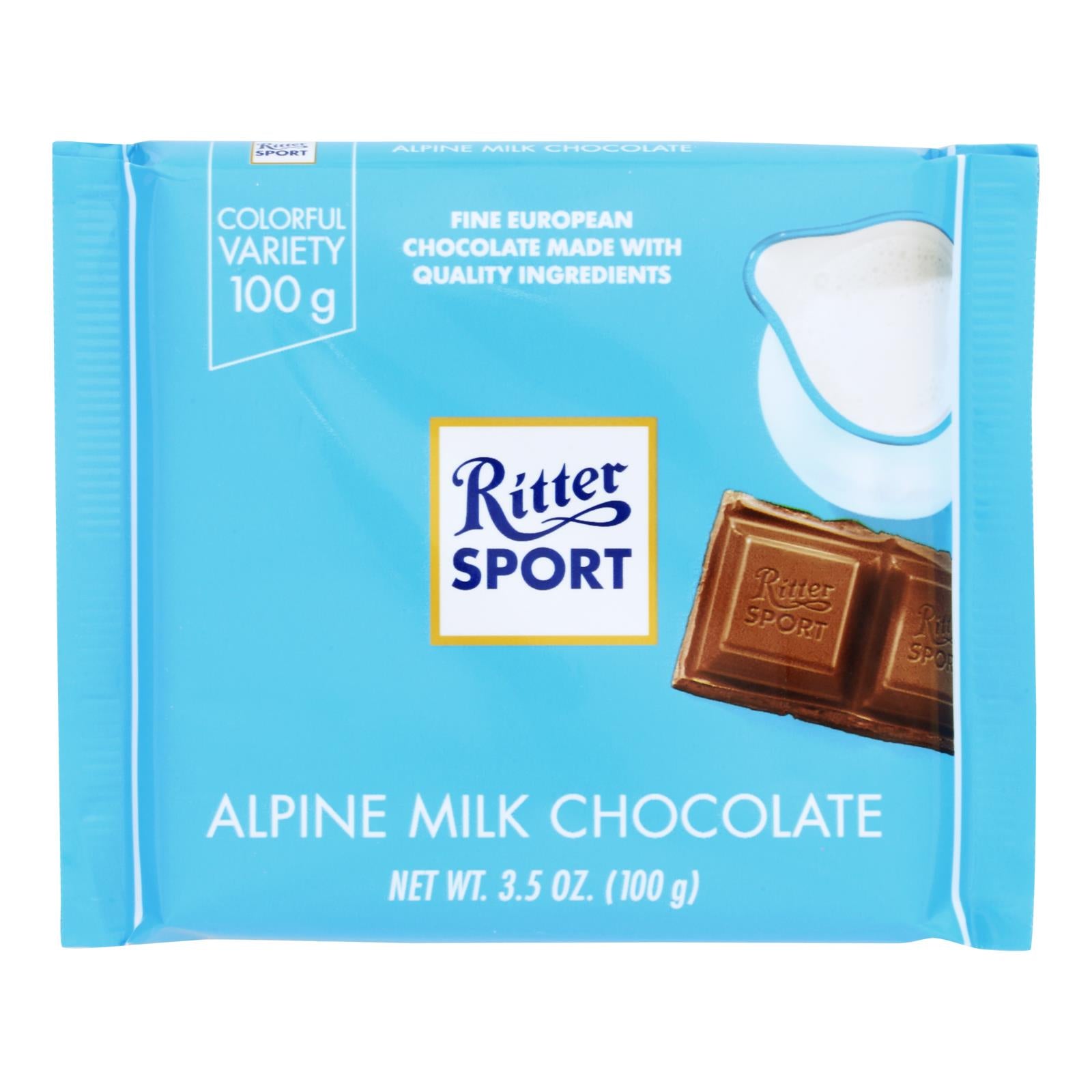 Ritter Sport Chocolate Bar - Milk Chocolate - 30 Percent Cocoa - Alpine - 3.5 oz Bars - Case of 12