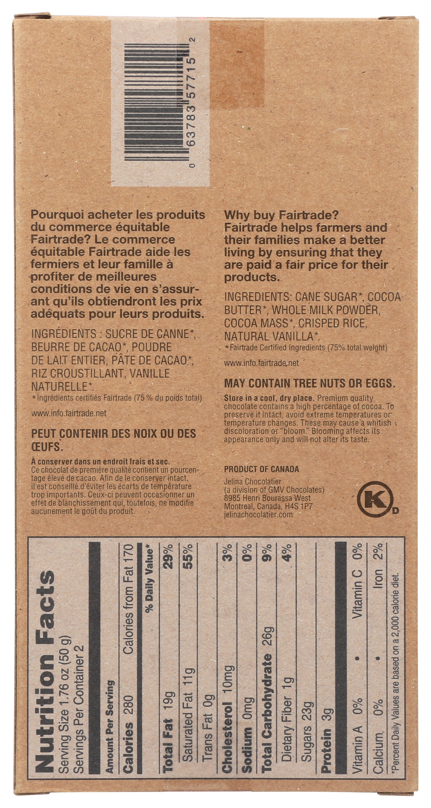 JELINA CHOCOLATIER CHOC BAR MLK CRSPD RICE - Case of 8