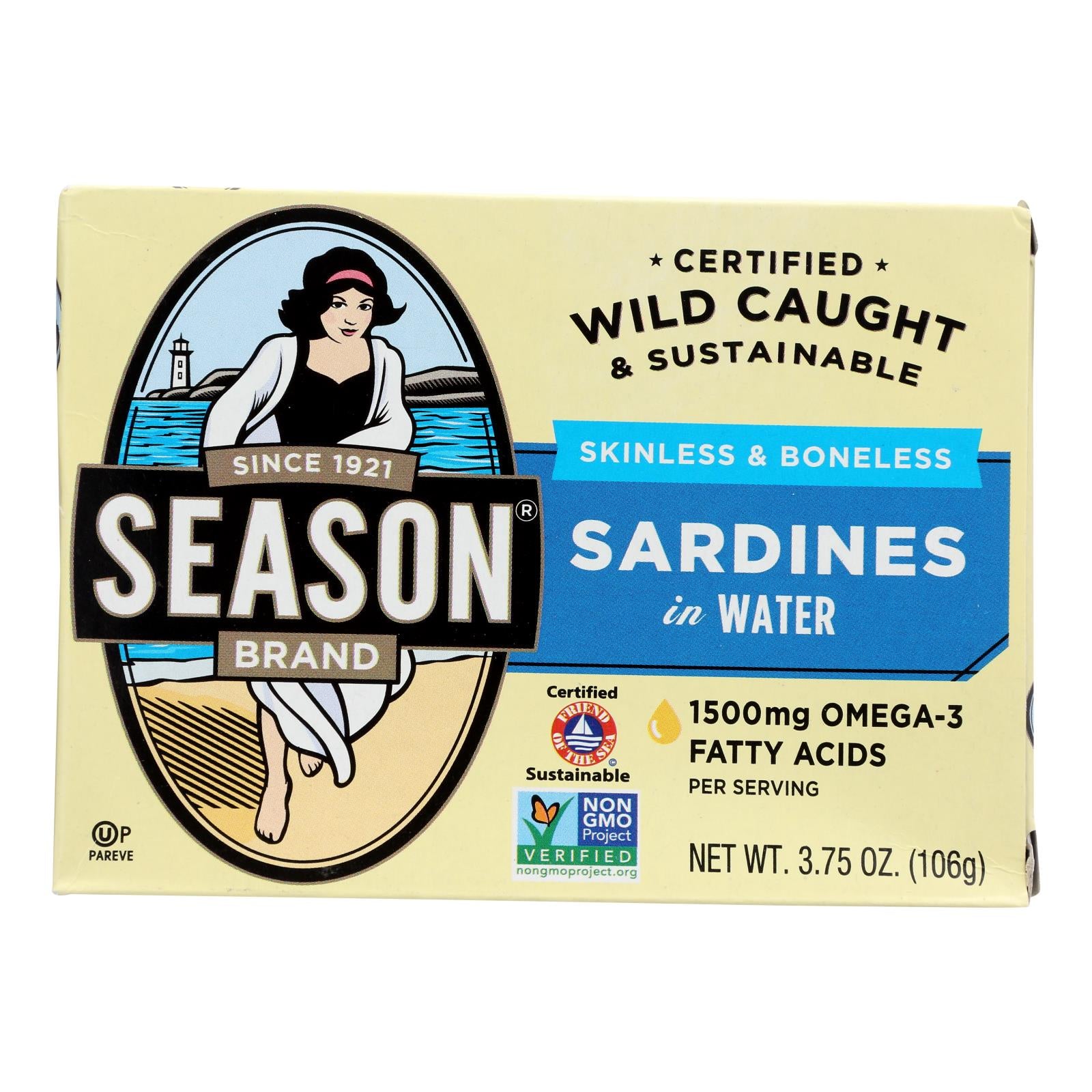 Season Brand Sardines - Skinless And Boneless - In Water - Salt Added - 3.75 Oz - Case Of 12