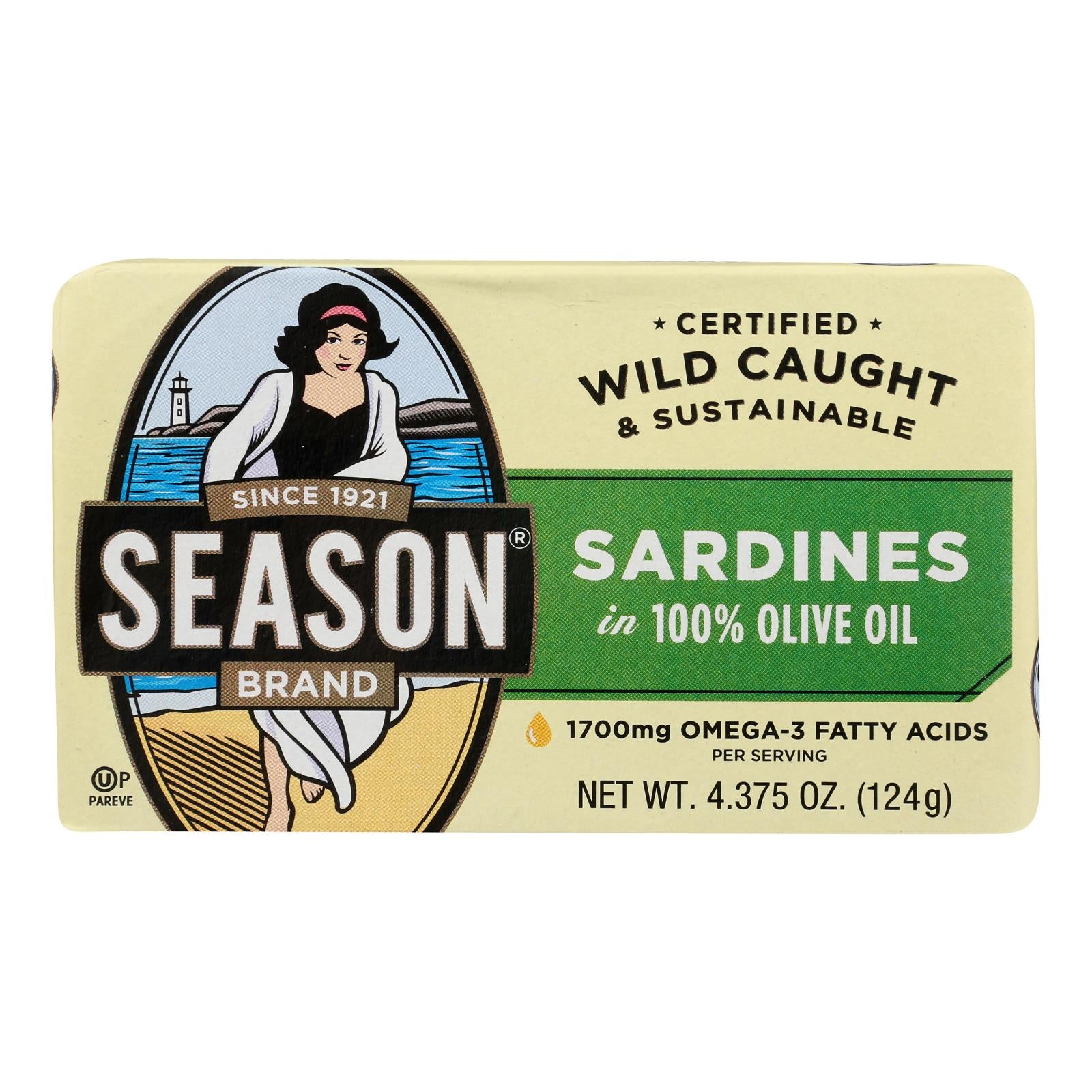 Season Brand Sardines in Pure Olive Oil - Salt Added - Case of 12 - 4.375 oz.