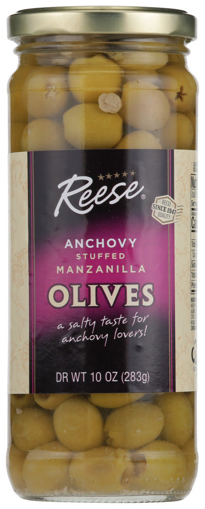 Reese Stuffed Anchovy Manzanilla Olives - Case of 12 - 10 oz.
