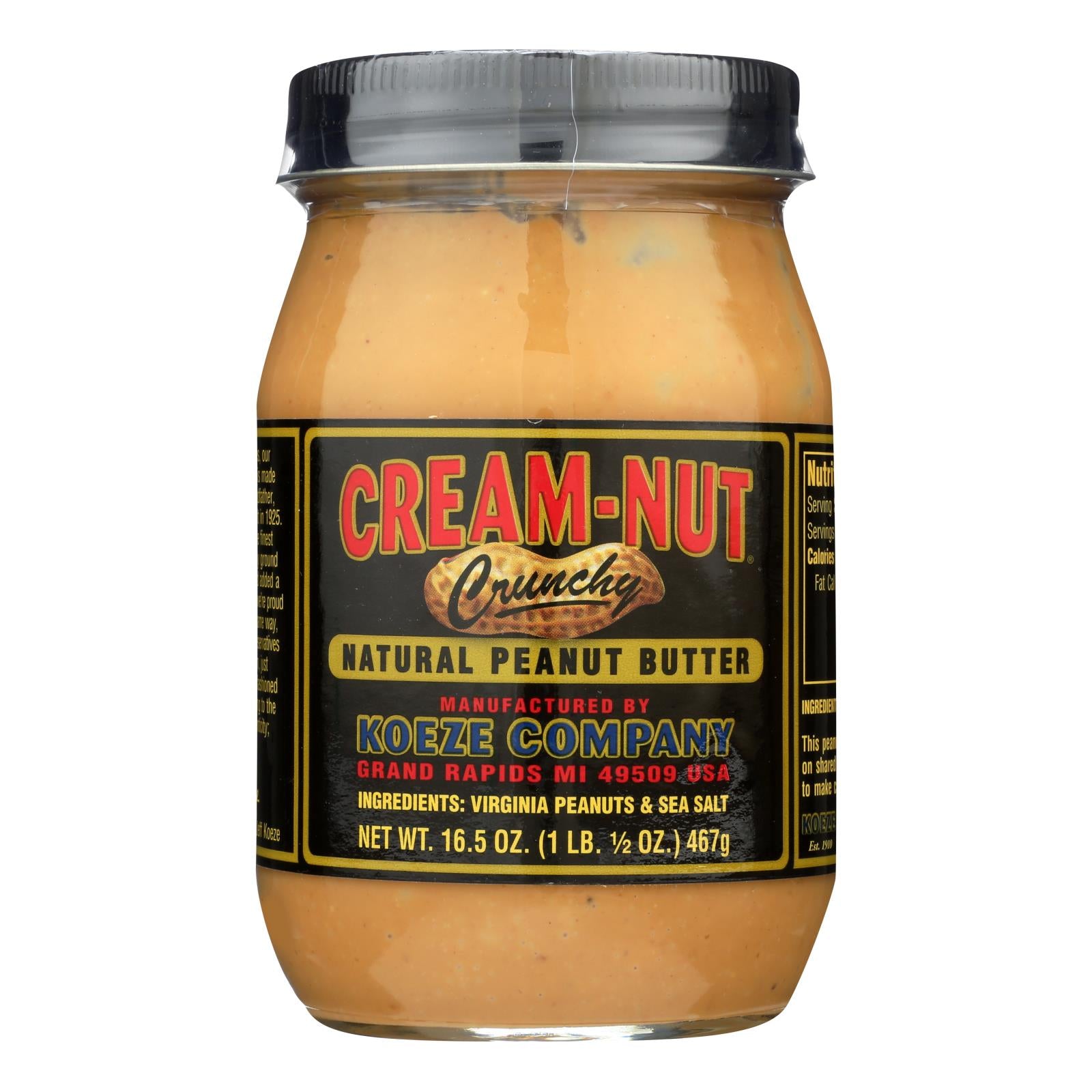 Cream Nut Peanut Butter - Crunchy - Natural - Case of 6 - 16.5 oz
