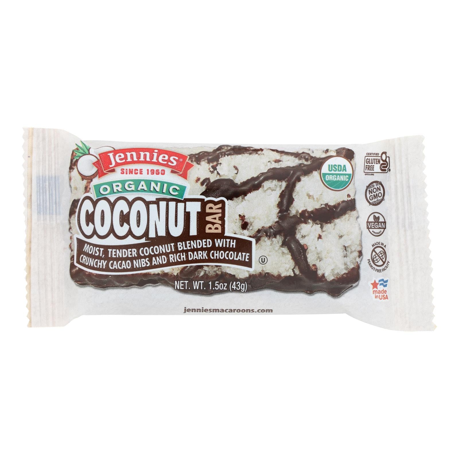 Jennie's Organic Cacao Powder Coconut Bar - Case Of 12 - 1.5 Oz.