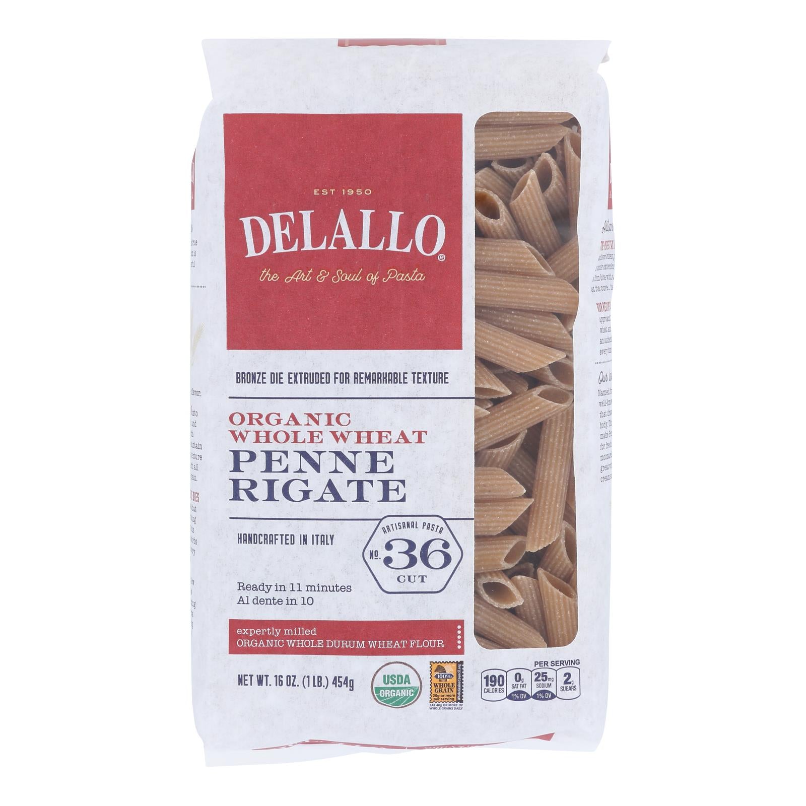 Delallo - Pasta Organic Penne Rigate Whole Wheat - Case of 8-16 Ounces