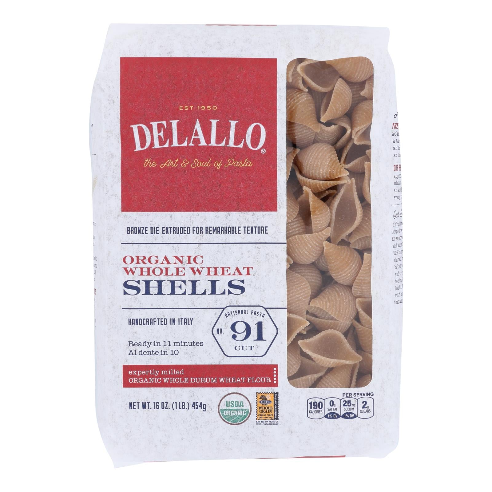 Delallo - Pasta Organic Shells Whole Wheat Number 91 - Case of 8-16 Ounces