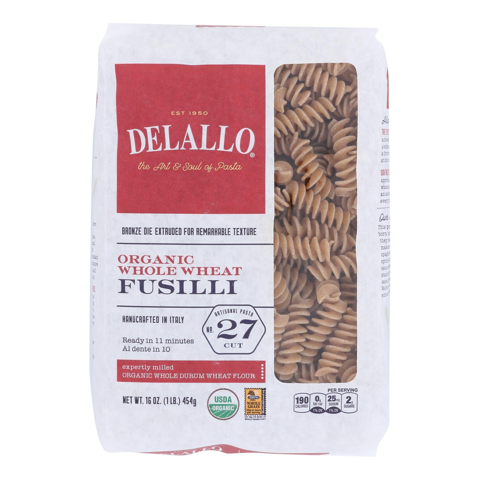 Delallo - Pasta Organic Fusilli Whole Wheat Number 27 - Case of 8-16 Ounces