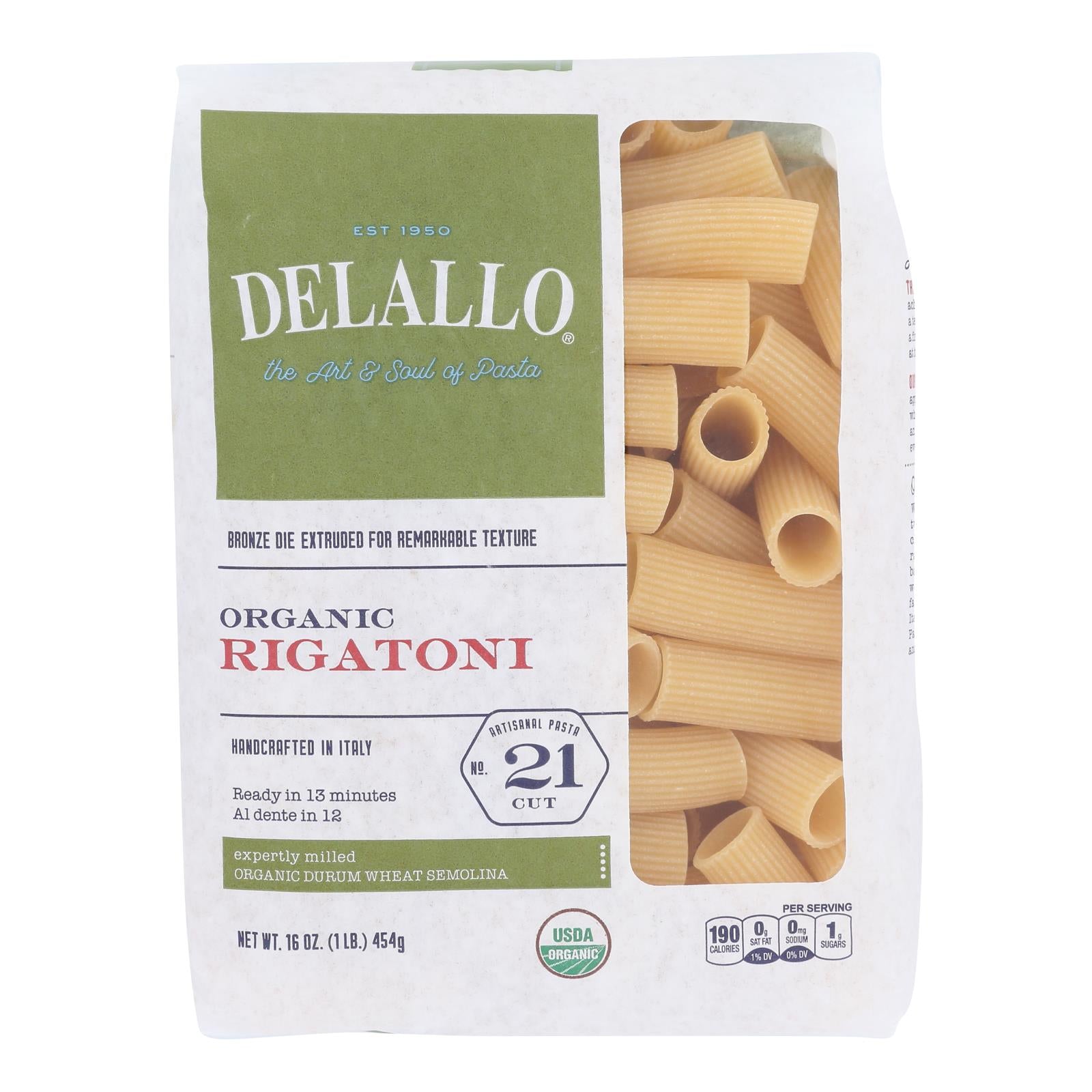 Delallo - Pasta Organic Rigatoni Number 21 - Case of 8-16 Ounces
