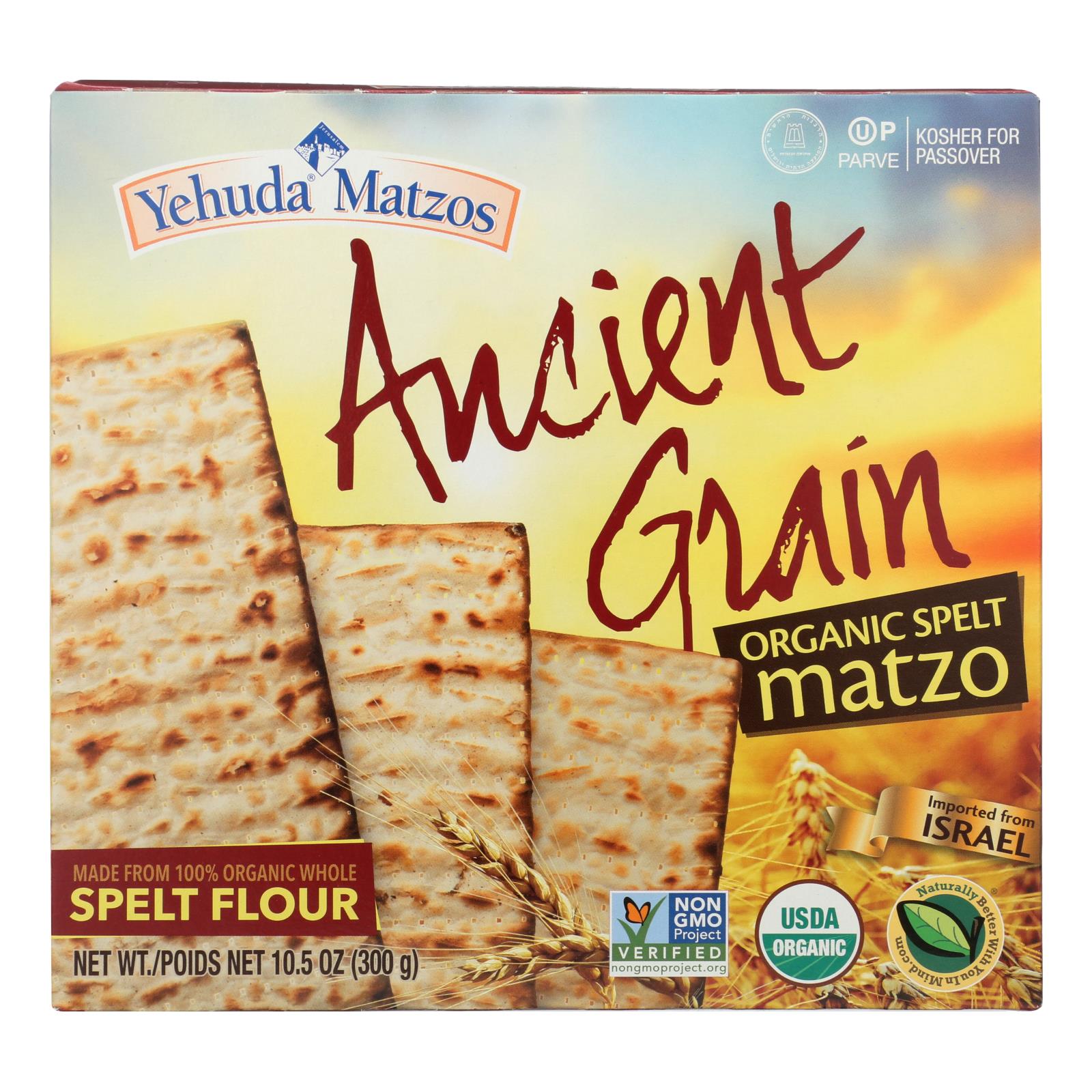 Yehuda Spelt Matzo - Organic - Gluten Free - Ancient Grains - Case of 24 - 10.5 oz