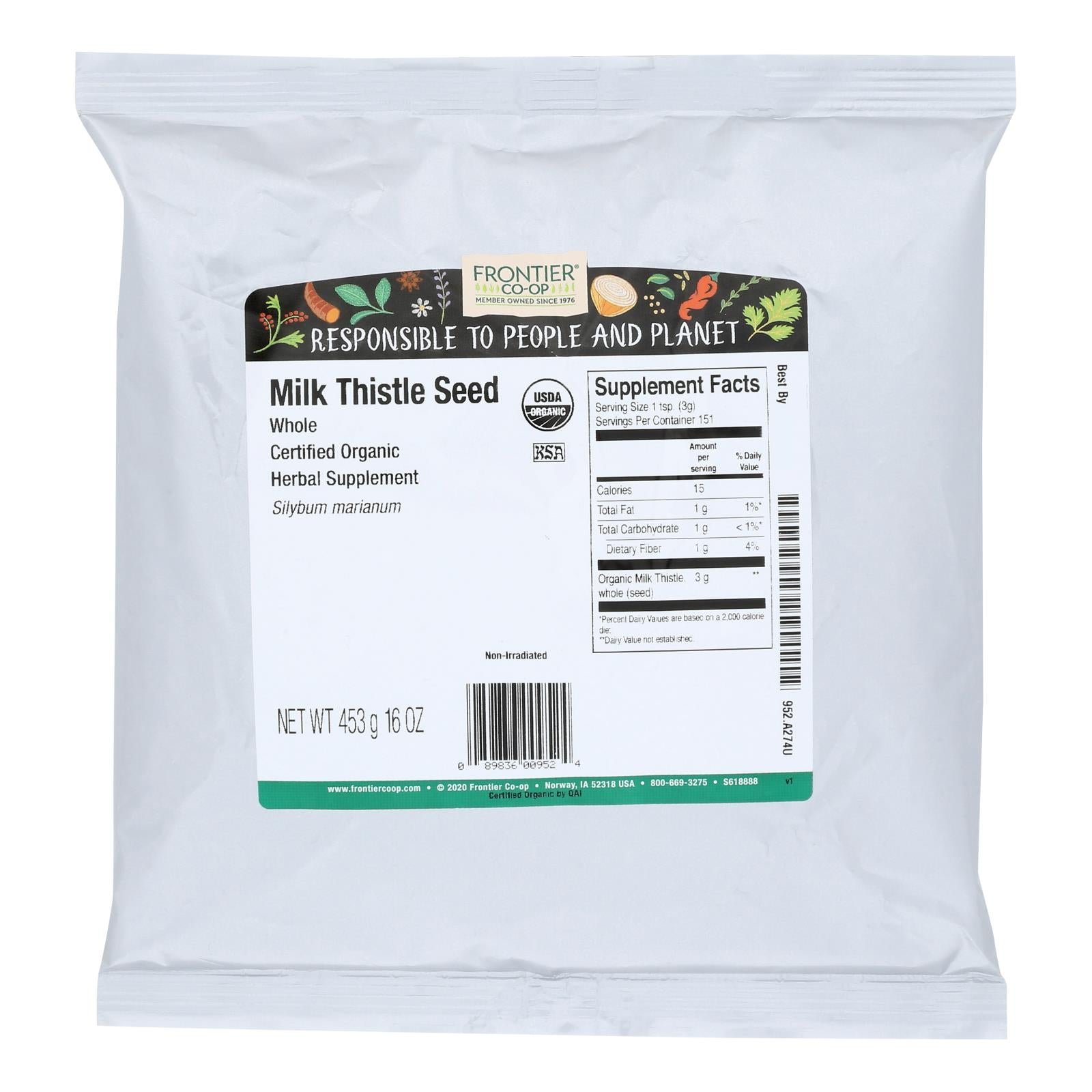 Frontier Herb Milk Thistle Organic Whole - Single Bulk Item - 1lb