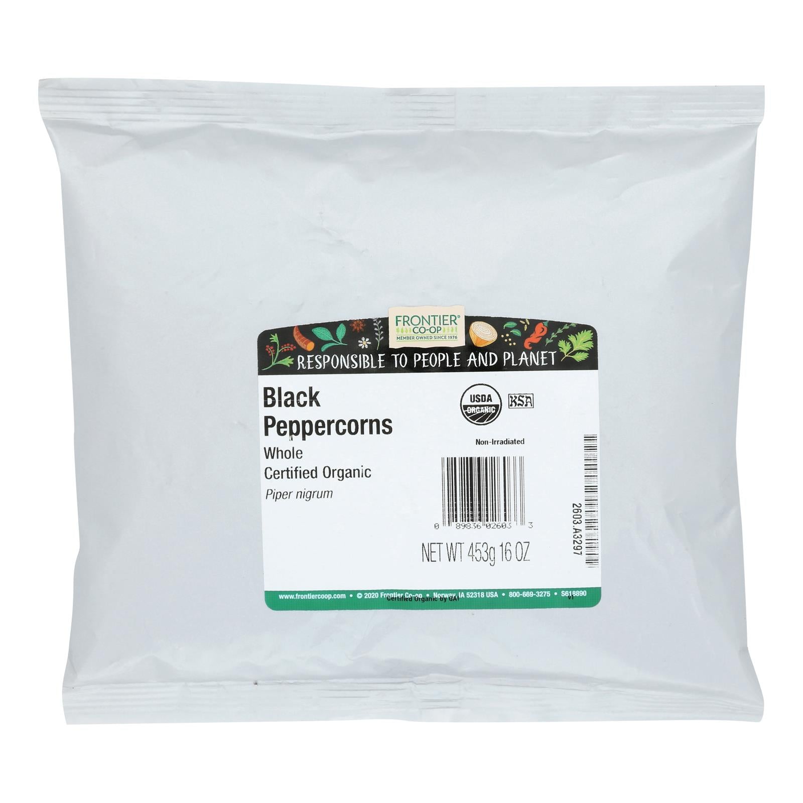Frontier Herb Peppercorns Organic Whole Black - Single Bulk Item - 1lb