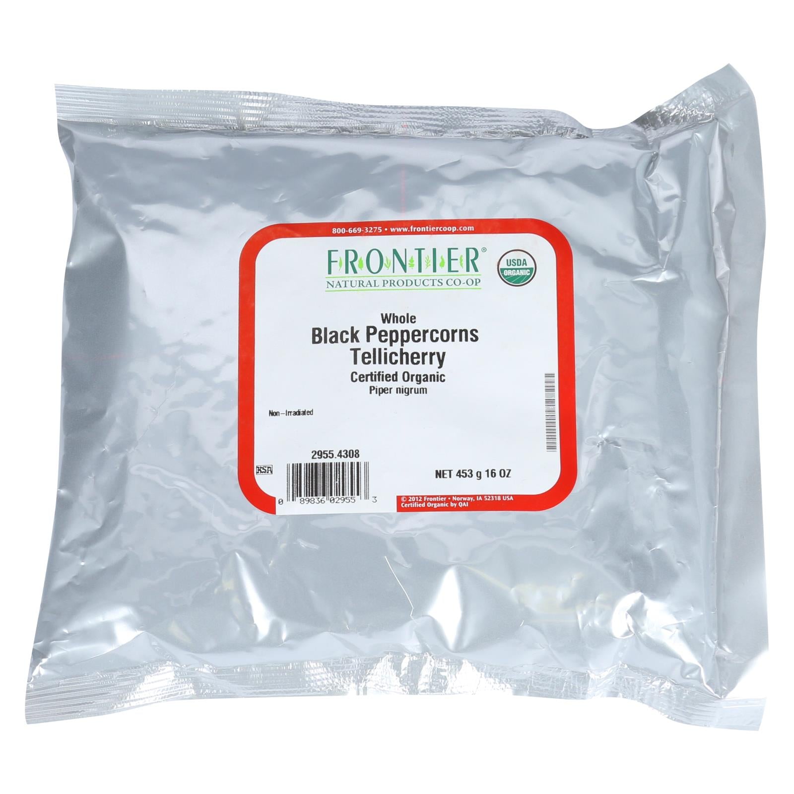 Frontier Herb Peppercorns Organic Whole Black Tellicherry Grade - Single Bulk Item - 1lb