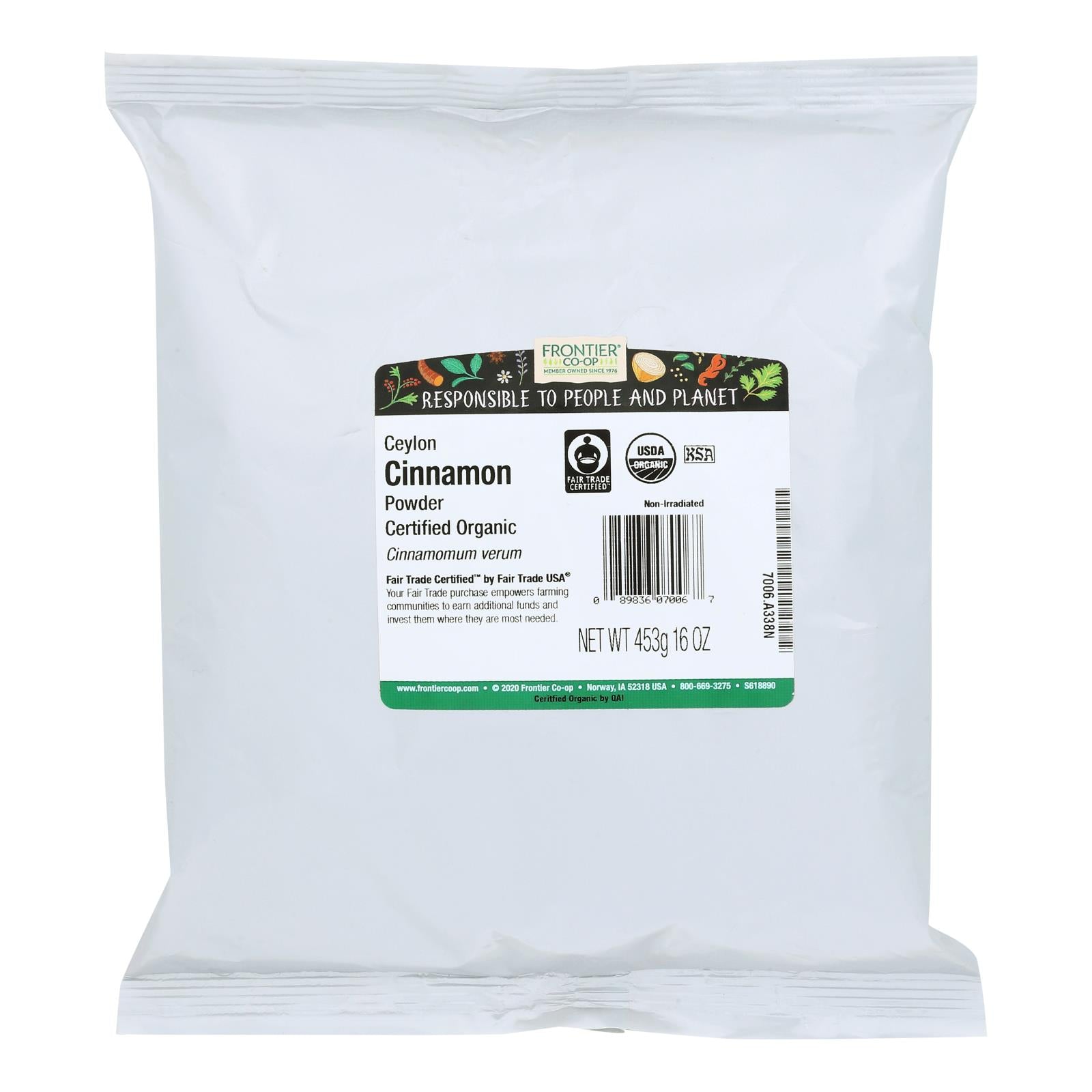 Frontier Herb Cinnamon Organic Fair Trade Certified Powder Ground Ceylon - Single Bulk Item - 1lb