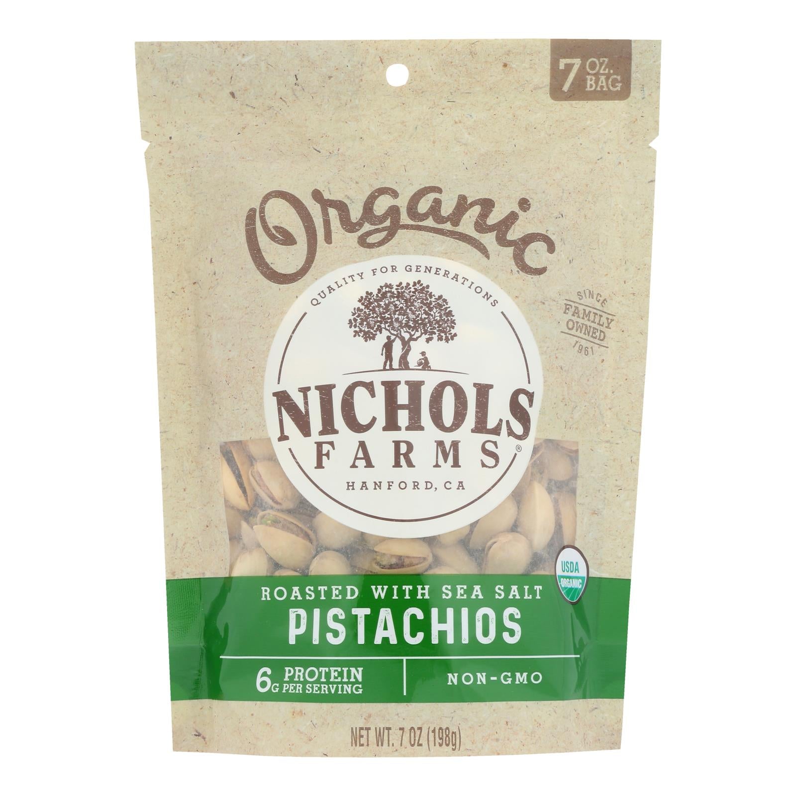 Nichols Farms - Pistachio Organic Shell Roasted Salted - Case of 12 - 7 Ounces