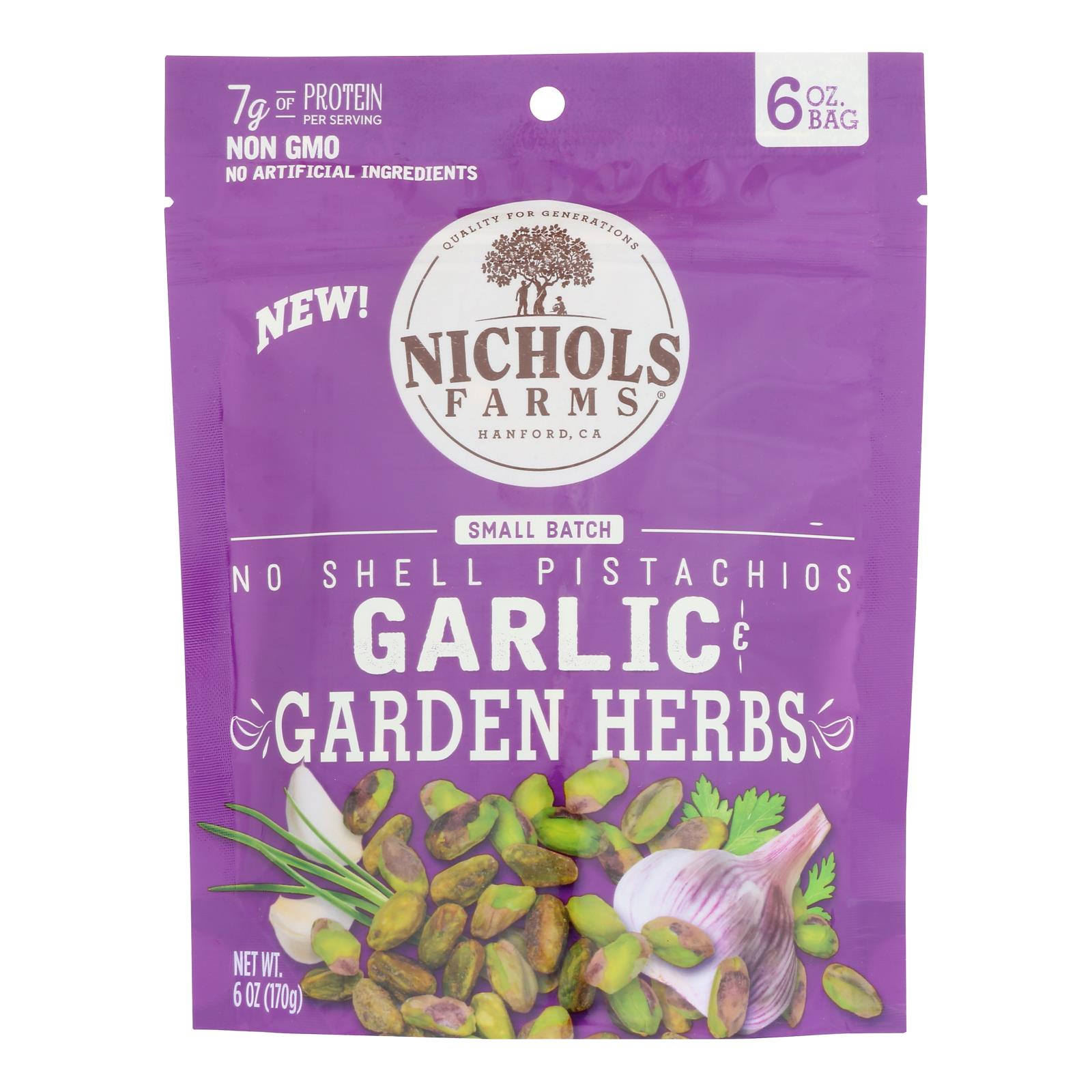 Nichols Farms - Pistachio No Shell Garlic Herbs - Case of 15-6 Ounces