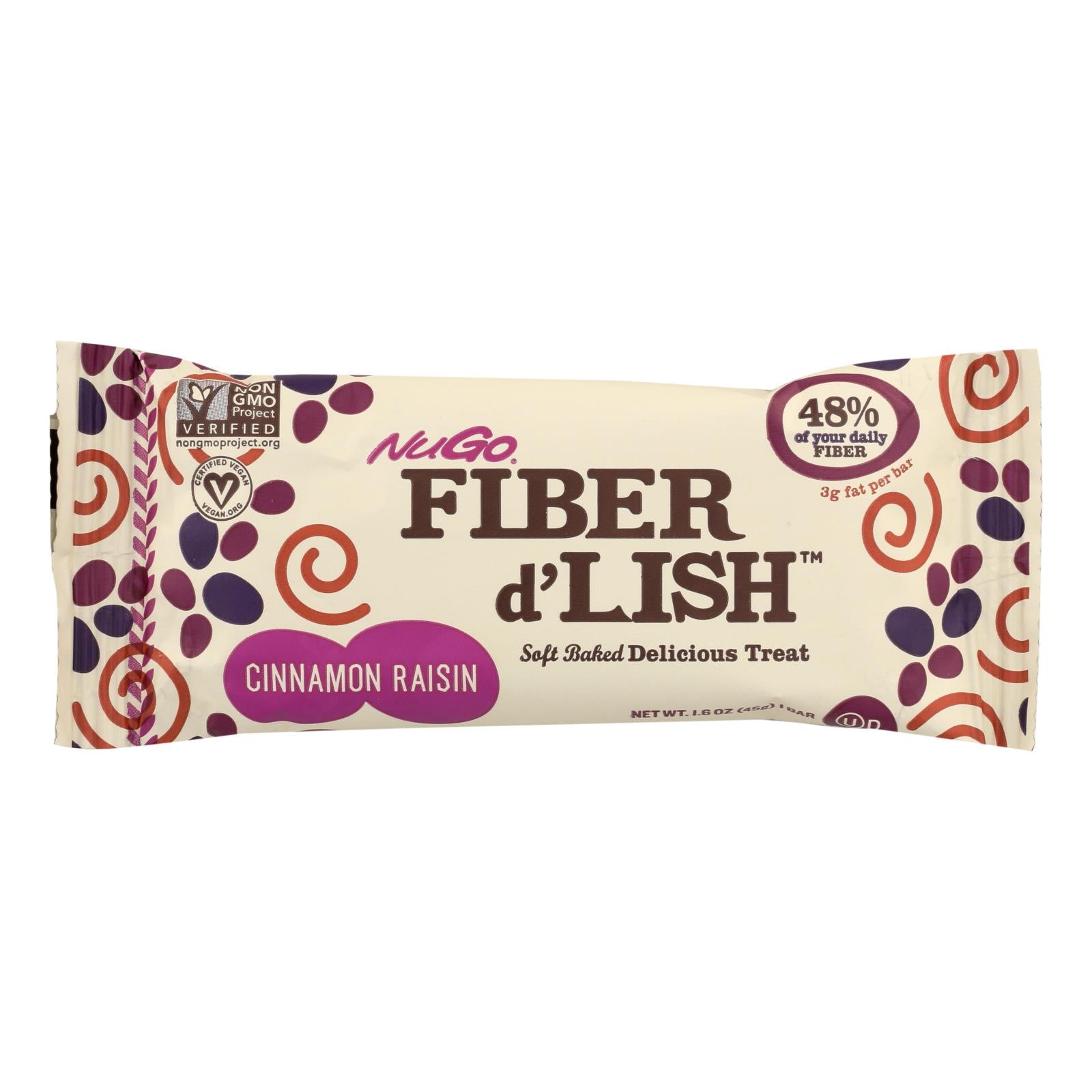 NuGo Nutrition Bar - Fiber dLish - Cinnamon Raisin - 1.6 oz Bars - Case of 16