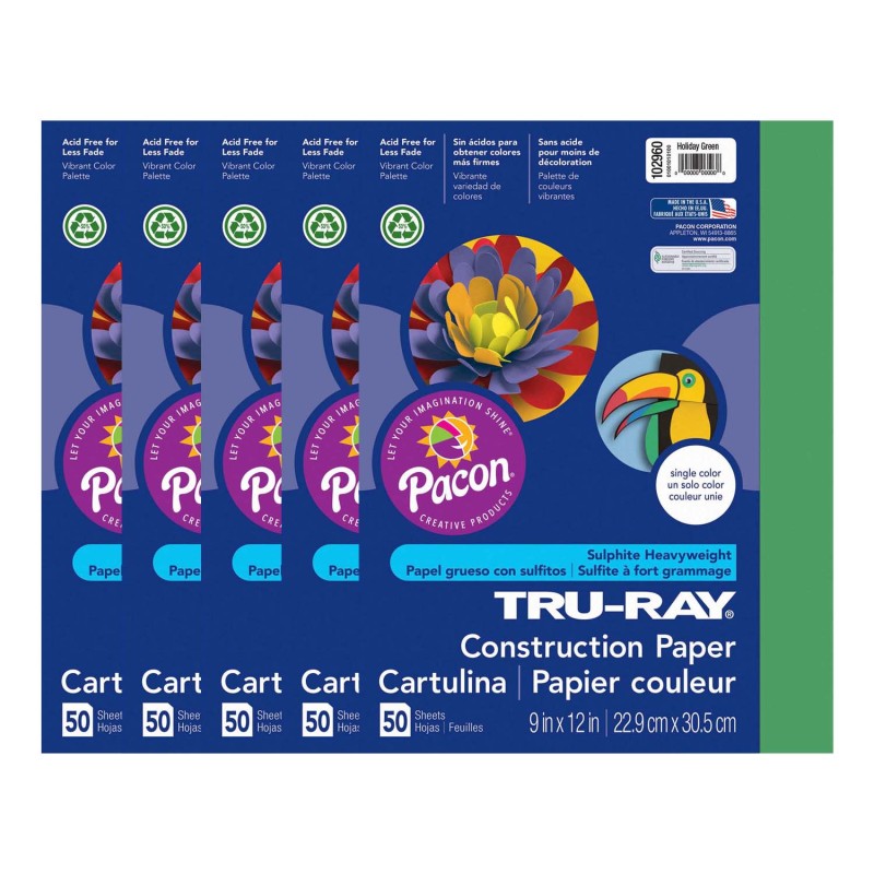 TRU-RAY - Construction Paper, Holiday Green, 9" x 12", 50 Sheets Per Pack, 5 Packs
