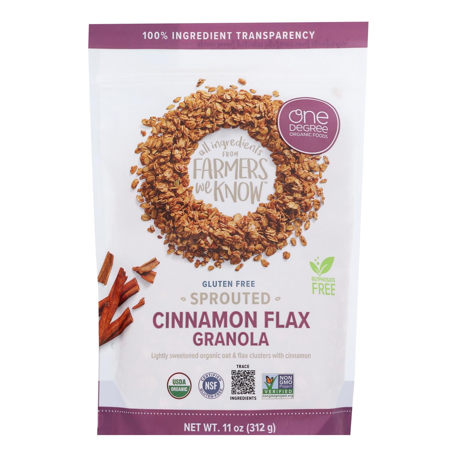 One Degree Organic Foods Cinnamon Flax Granola - Sprouted Oat - Case Of 6 - 11 Oz.