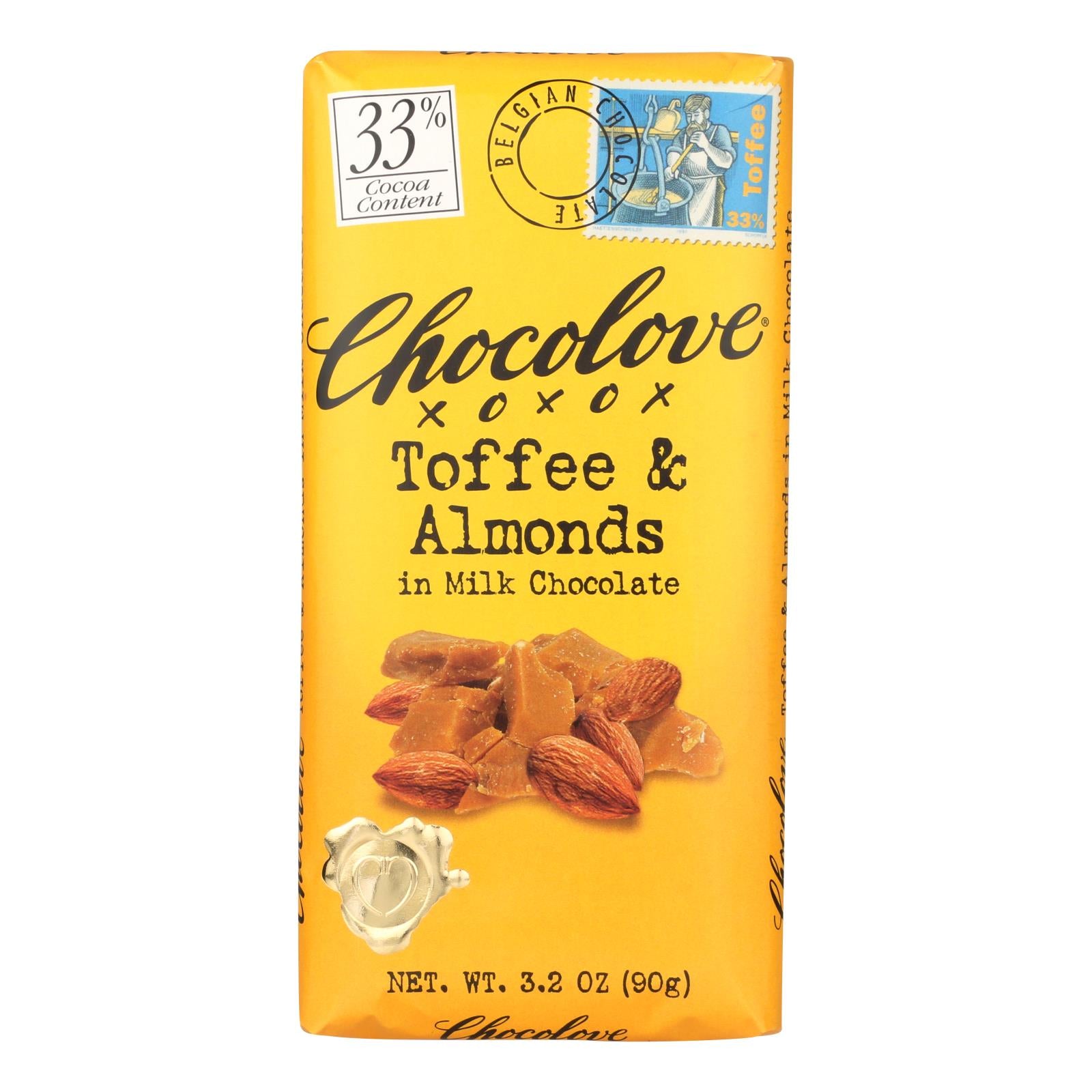 Chocolove Xoxox - Premium Chocolate Bar - Milk Chocolate - Toffee and Almonds - 3.2 oz Bars - Case of 12