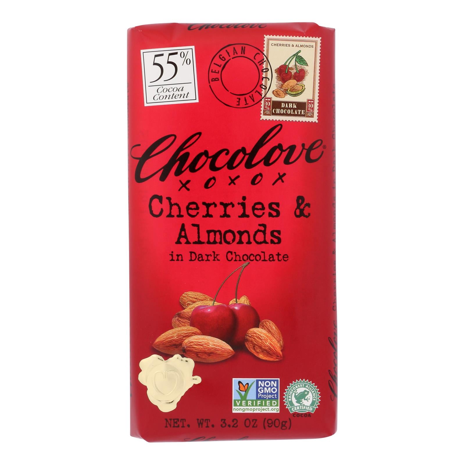 Chocolove Xoxox - Premium Chocolate Bar - Dark Chocolate - Cherries and Almonds - 3.2 oz Bars - Case of 12