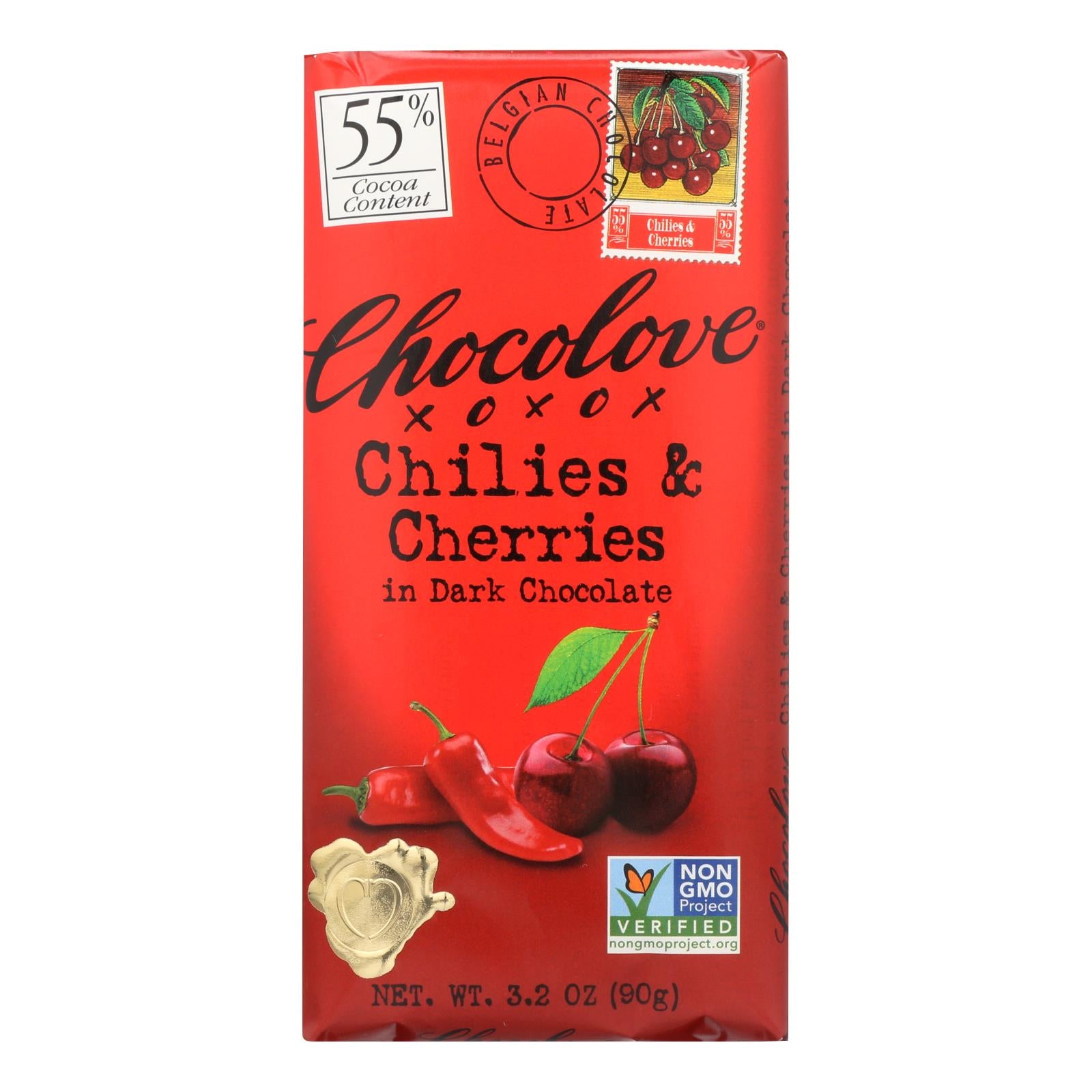 Chocolove Xoxox - Premium Chocolate Bar - Dark Chocolate - Chilies and Cherries - 3.2 oz Bars - Case of 12